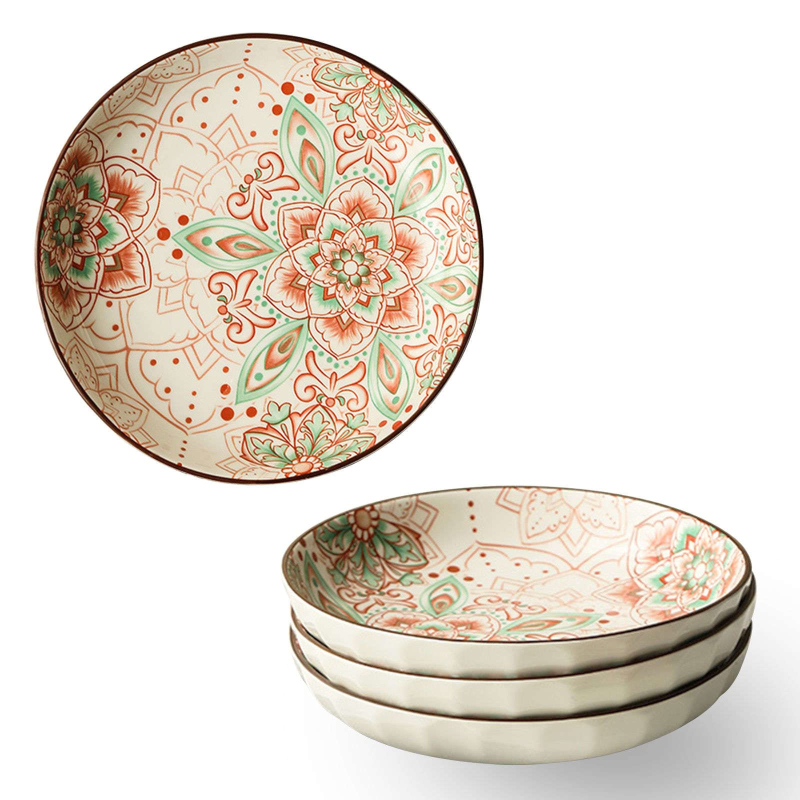 Cubane Vintage Pattern Ramen Bowl Set,Fruit Bowl,Ramen Bowl,Large Serving Bowls,Salad Bowls Large Serving Ceramic,Pasta Salad Serving Bowl Colorful,Deep Soup Plate Set Of 4-20X20x4cm