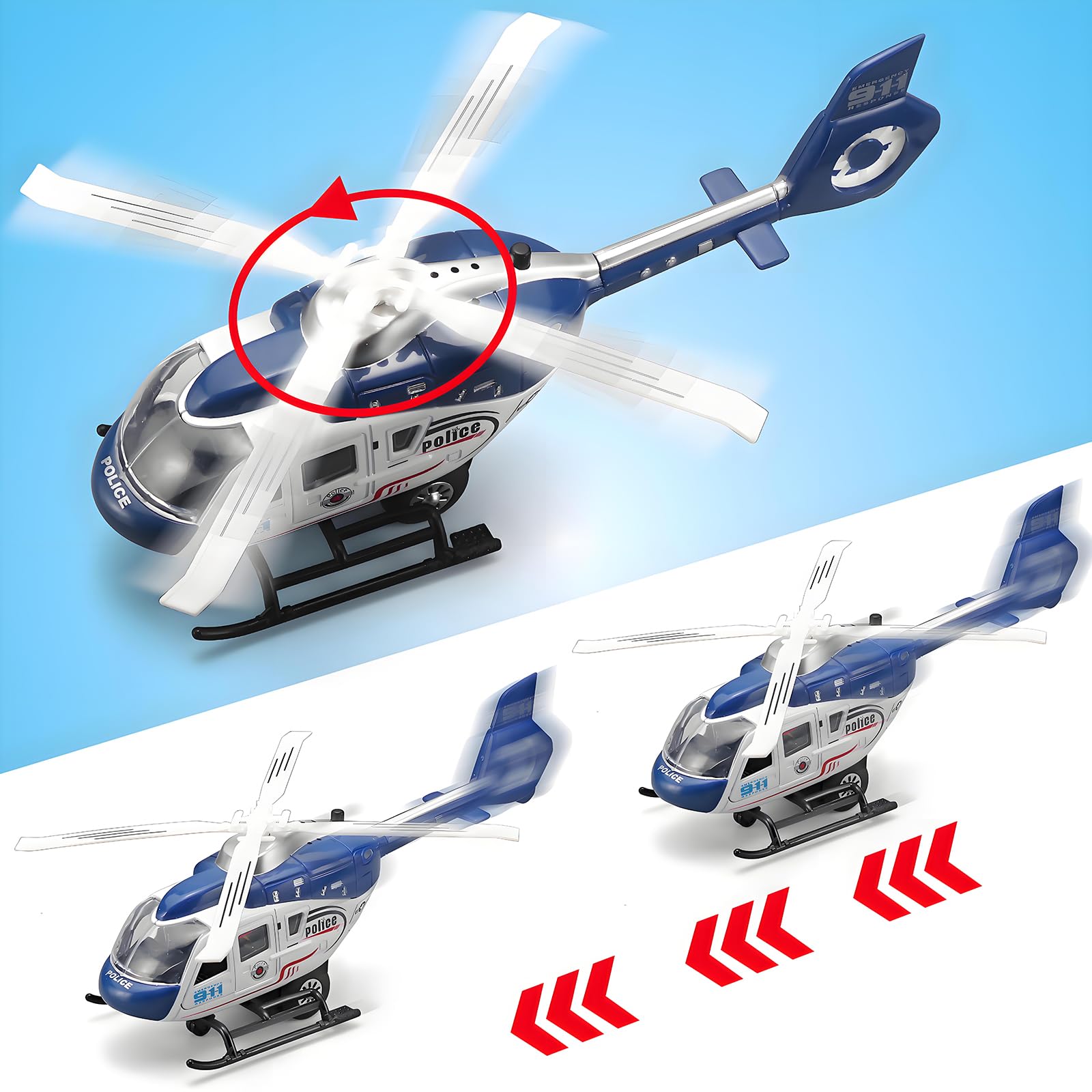 Kit de helicóptero para niños, modelo militar fundido a presión, juguete de tracción con luces y sonido, hélice giratoria, edad de 4 a 7 años (azul) 5