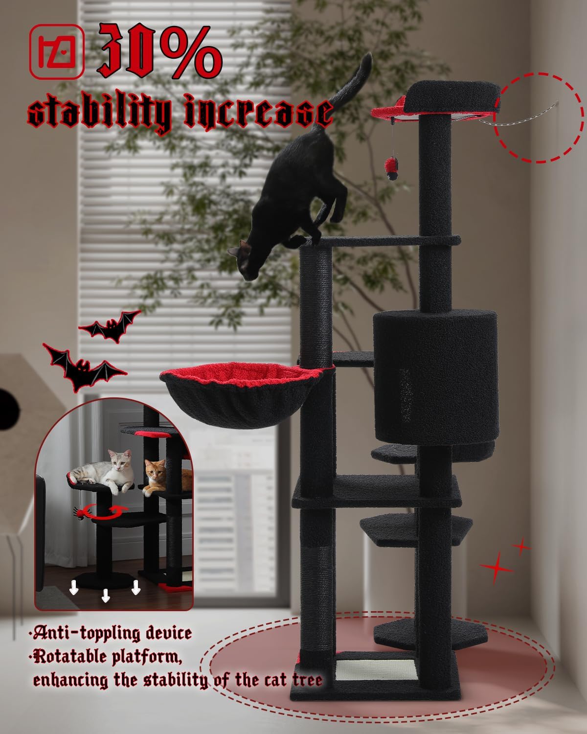 MUTTROS 59" Gothic Cat Tree with Coffin Bed-Black Cat Tower for Indoor Cats with Spacious Cat Condo & Cozy Hammock, Spider Hanging Balls, Sisal Scratching Post and 2 Spooky Perches for Halloween