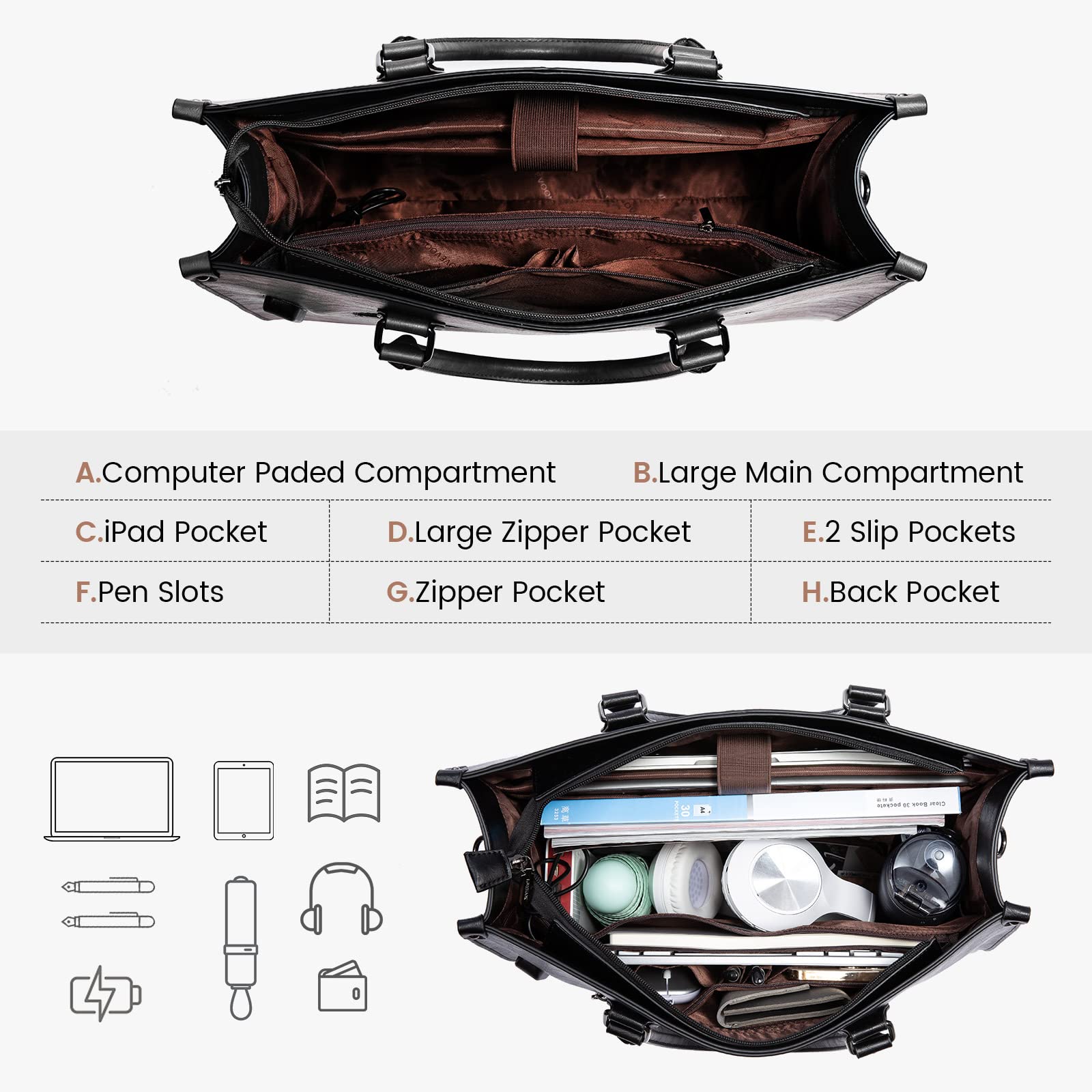 LOVEVOOK Bolsa para Portátil Mujer Grande de 15,6 Pulgadas Cuero PU Shopper de Hombro Cruzado Tote Bag de Trabajo para Negocios de Profesor Oficina Escuela