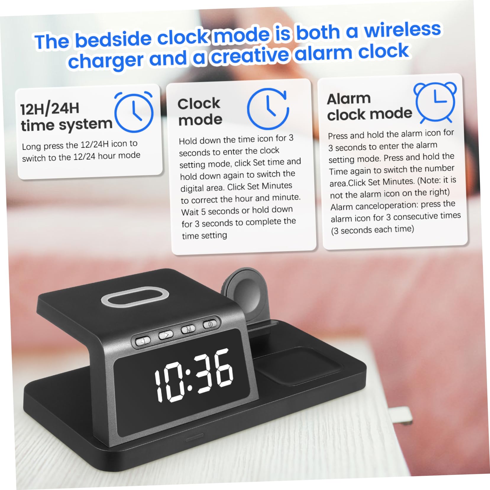NUOBESTY Station de Charge sans Fil Support Charge Rapide pour Montre Connectée et Téléphones avec Horloge Numérique Intégrée