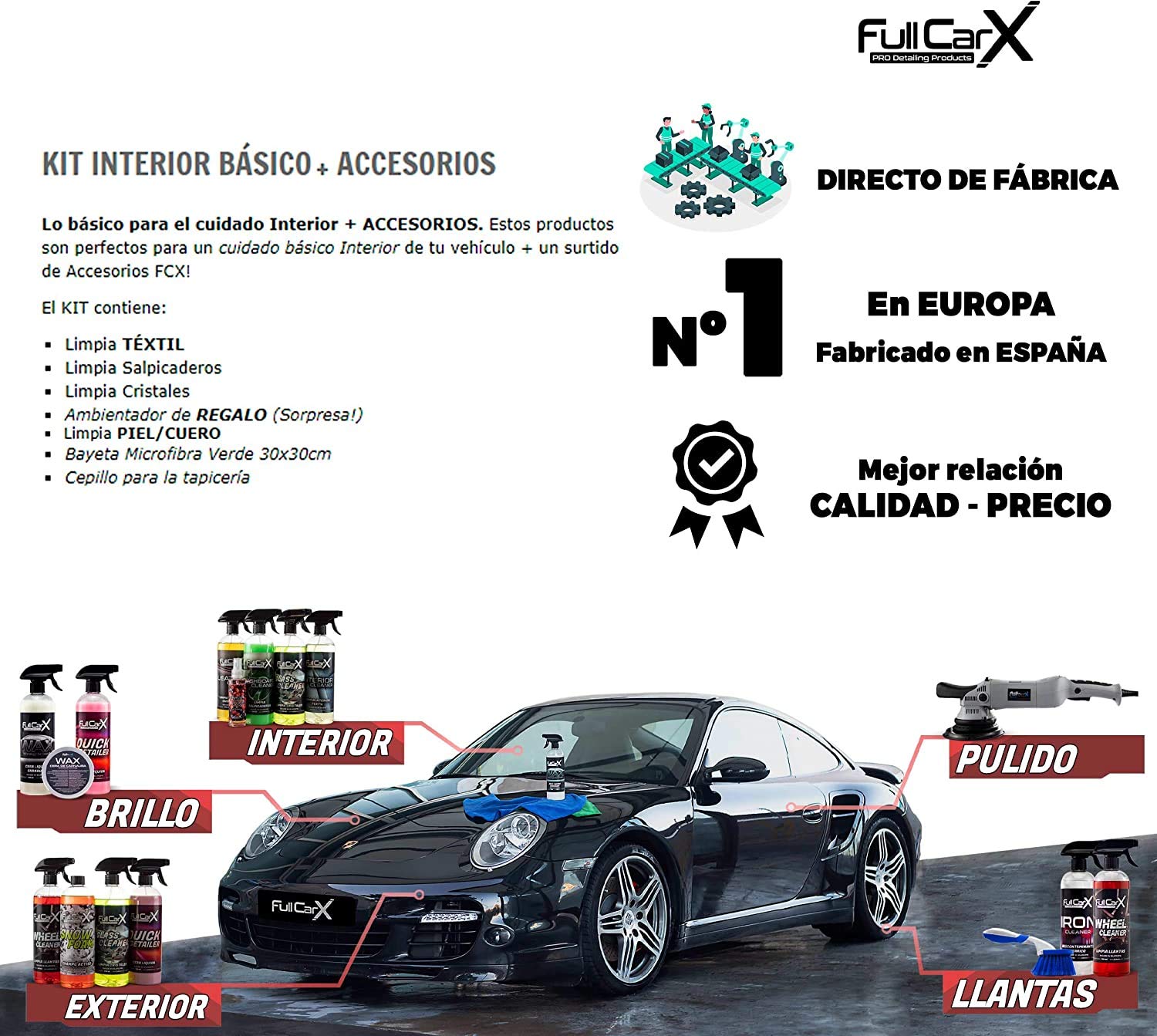 AutoFullCar - Kit pulizia interna auto FullCarX + accessori - Detailing Kit interni auto + deodorante