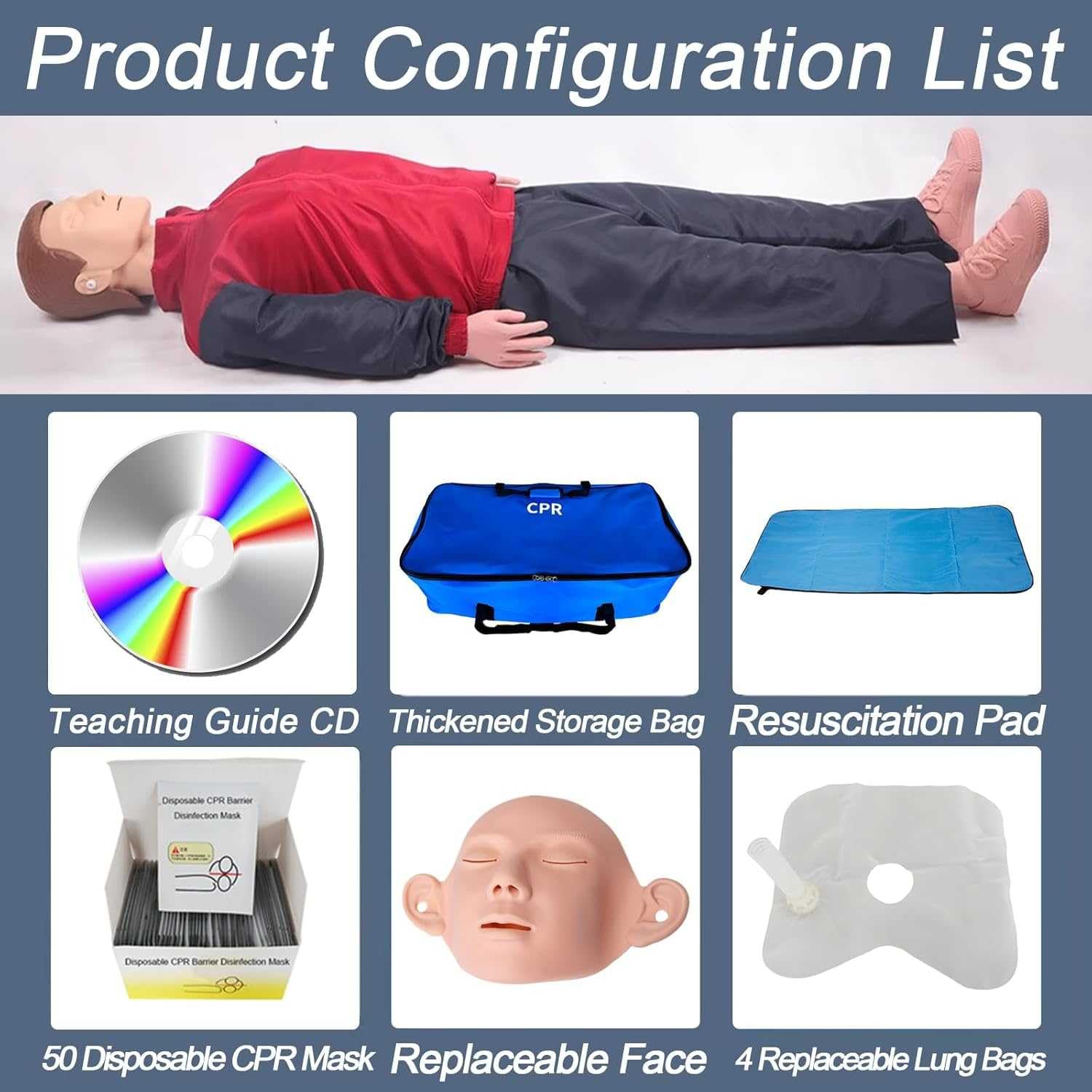 Maniquí RCP de Cuerpo Completo para Entrenamiento - Muñeco de Reanimación con Piel Facial Reemplazable, 4 Pulmones de Repuesto, 50 Mascarillas y Bolsa de Transporte