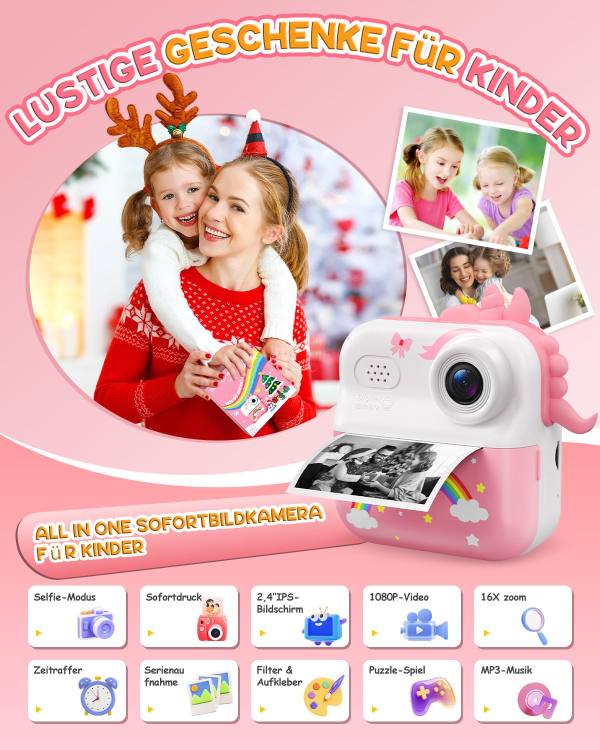 ElecMoga Sofortbildkamera Kinder, 48MP Kinderkamera 1080P HD 2,4 Zoll Bildschirm Digitalkamera mit 32GB Karte & DruckerPapier, Kinder Spielzeug Geburtstag Weihnachten Geschenk für 3-12 Jahren Mädchen