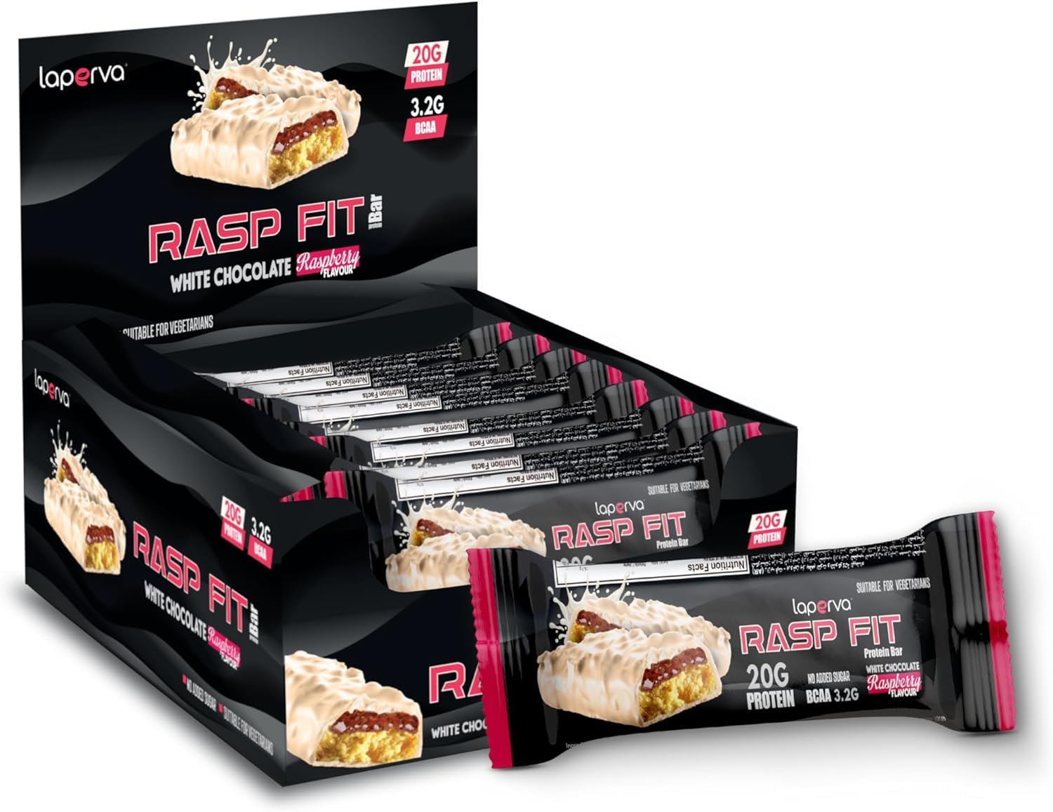 Laperva Rasp Fit Protein Bar, (20g) Protein- (3.2g) BCCAs, No Added Sugar, Suitable for Vegetarians- (Box of 12 PCS) (White Chocolate Raspberry)