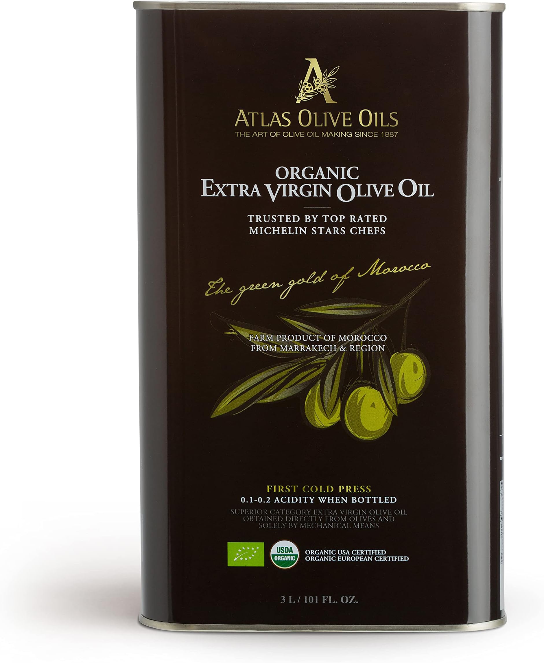 A ATLAS OLIVE OILS Organic Extra Virgin | Low Acidity | Metal Tins 3 Liters | First cold pressing | Chosen by Prestigious Chefs | Product of centenary grove in the Morocco