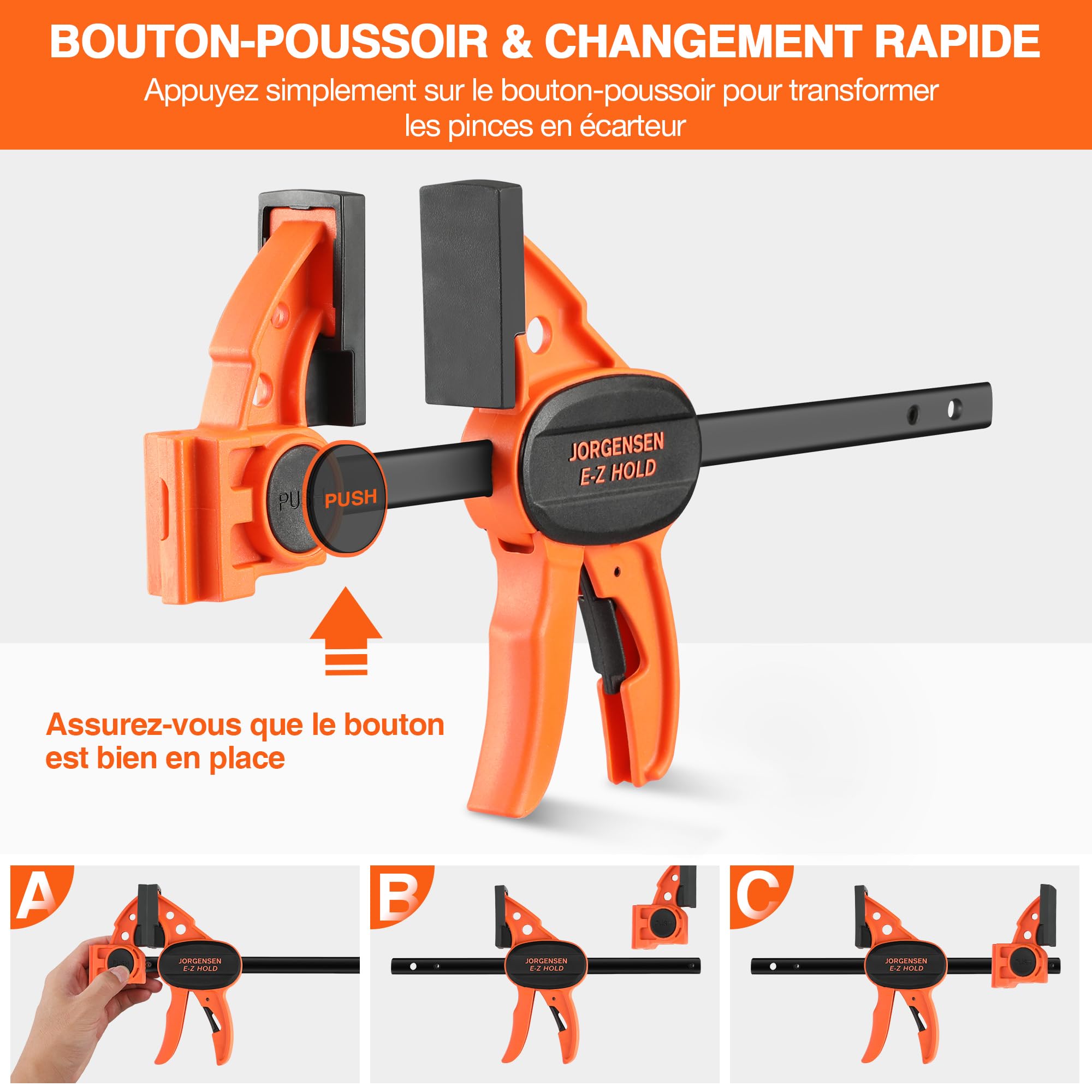 JORGENSEN Jeu de Serre-joint à une Main Légers 4 Pièces avec Libération Rapide, Largeur de Serrage 150/420mm, Force de Serrage Maximale 68kg