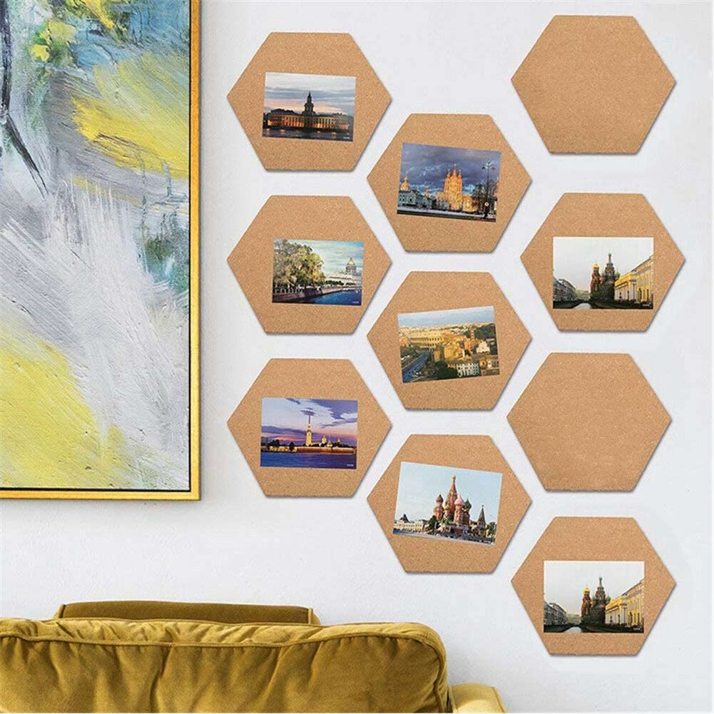 BAKAJI Set 10 PZ Bacheca Lavagna di Sughero Esagonale Adesiva Decorazione Casa Arredamento Ufficio Design Moderno per Parete Muro Con Puntine Dimensione 15x17 cm