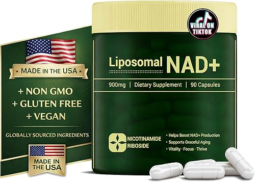 Suplemento liposomal NAD+  900 mg de ribósido de nicotinamida, resveratrol y quercetina  Cápsulas NAD Plus para energía y envejecimiento saludable