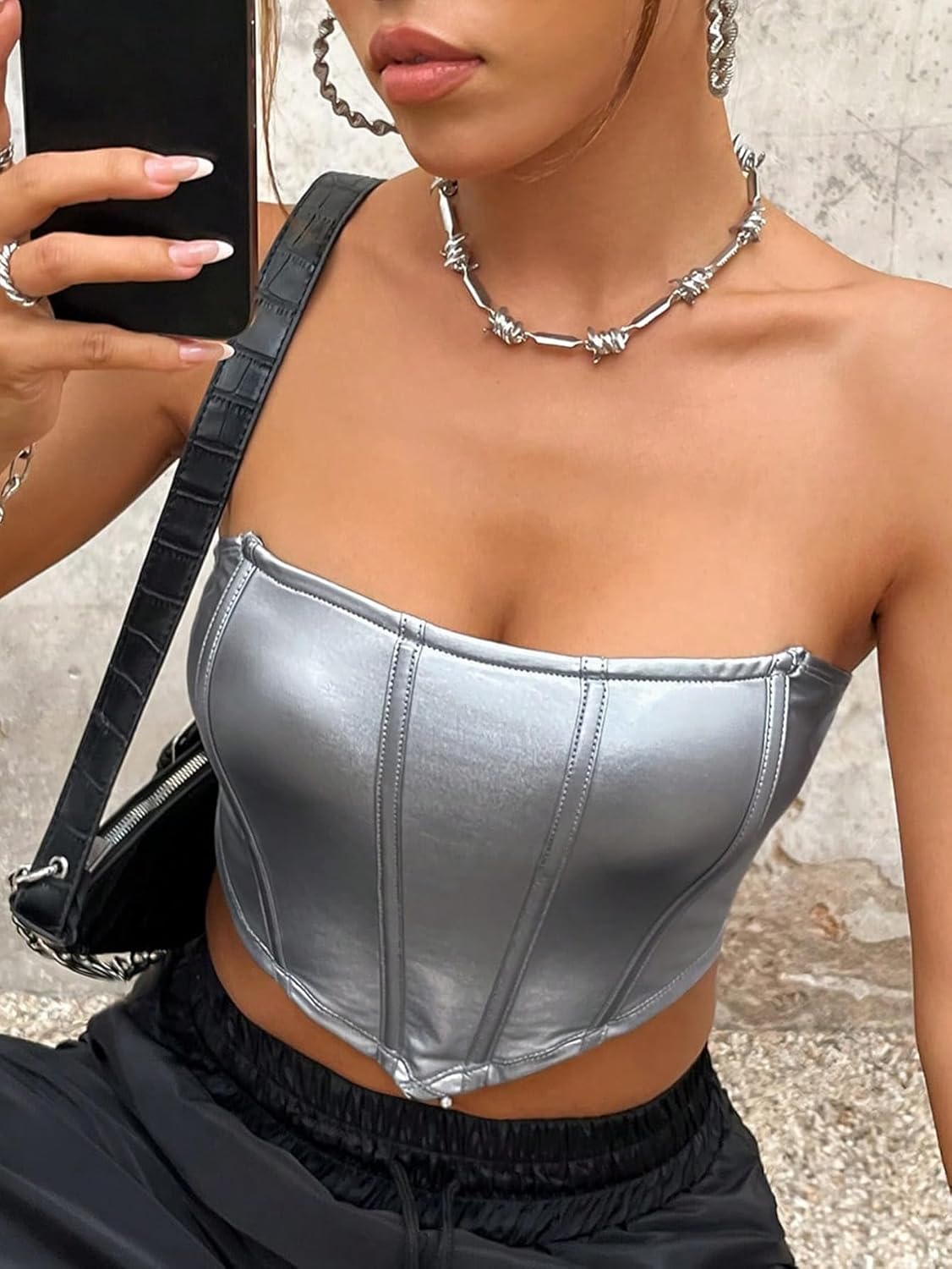 WDIRARA Women's PU Leather Strapless Party Club Tube Tops Sleeveless Bandeau Crop Top - Image 4