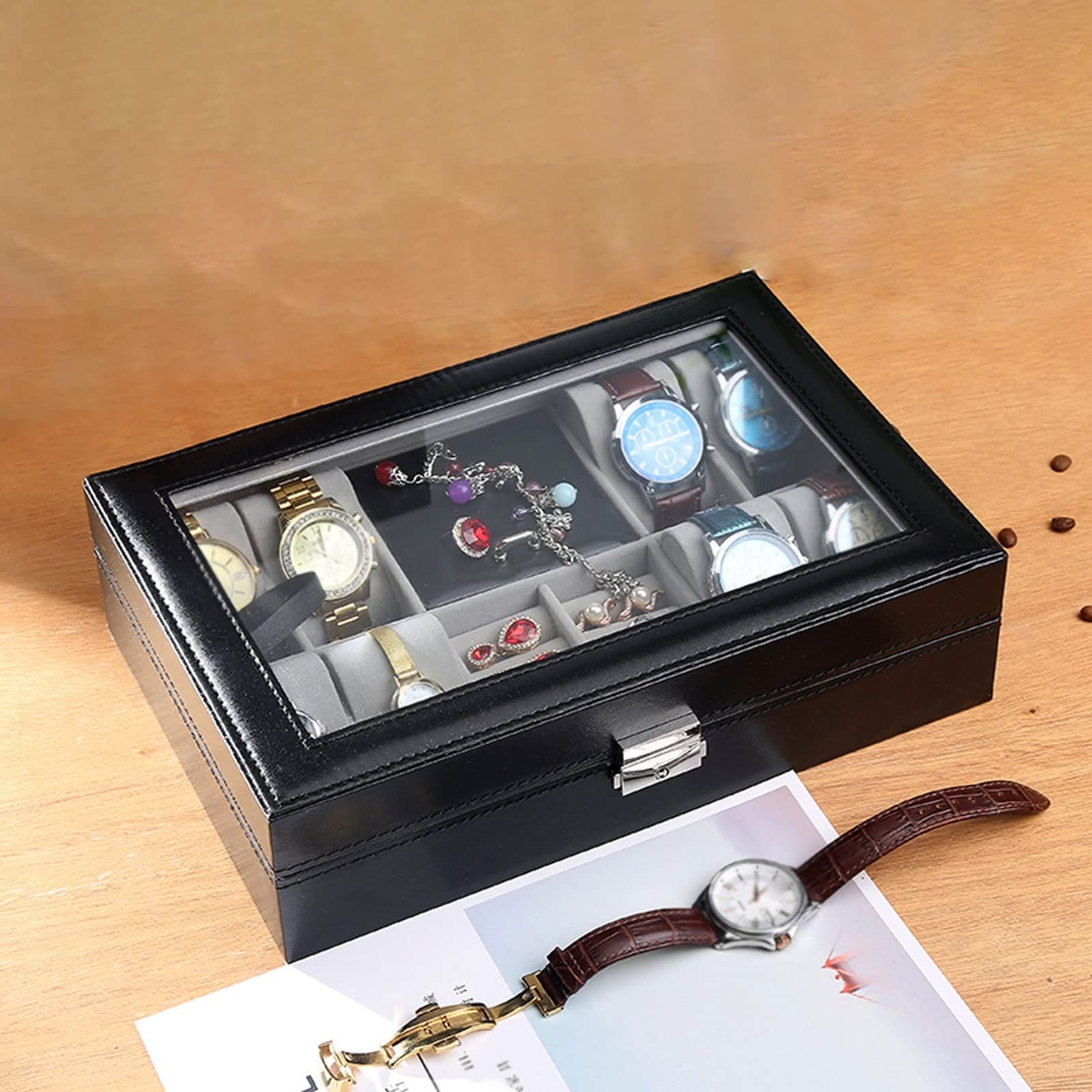 YZCIS Uhren-Organizer mit 6 Fächern, transparentes Gehäuse mit Schublade zur Aufbewahrung und Schmuck-Präsentationsbox (A)