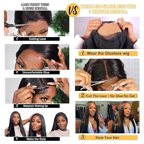 Miniatura 2 de Wear and Go Peluca Bob sin pegamento, 10 pulgadas, densidad del 180%, cabello humano, negro natural, sin desprendimiento, sin enredos, gorra