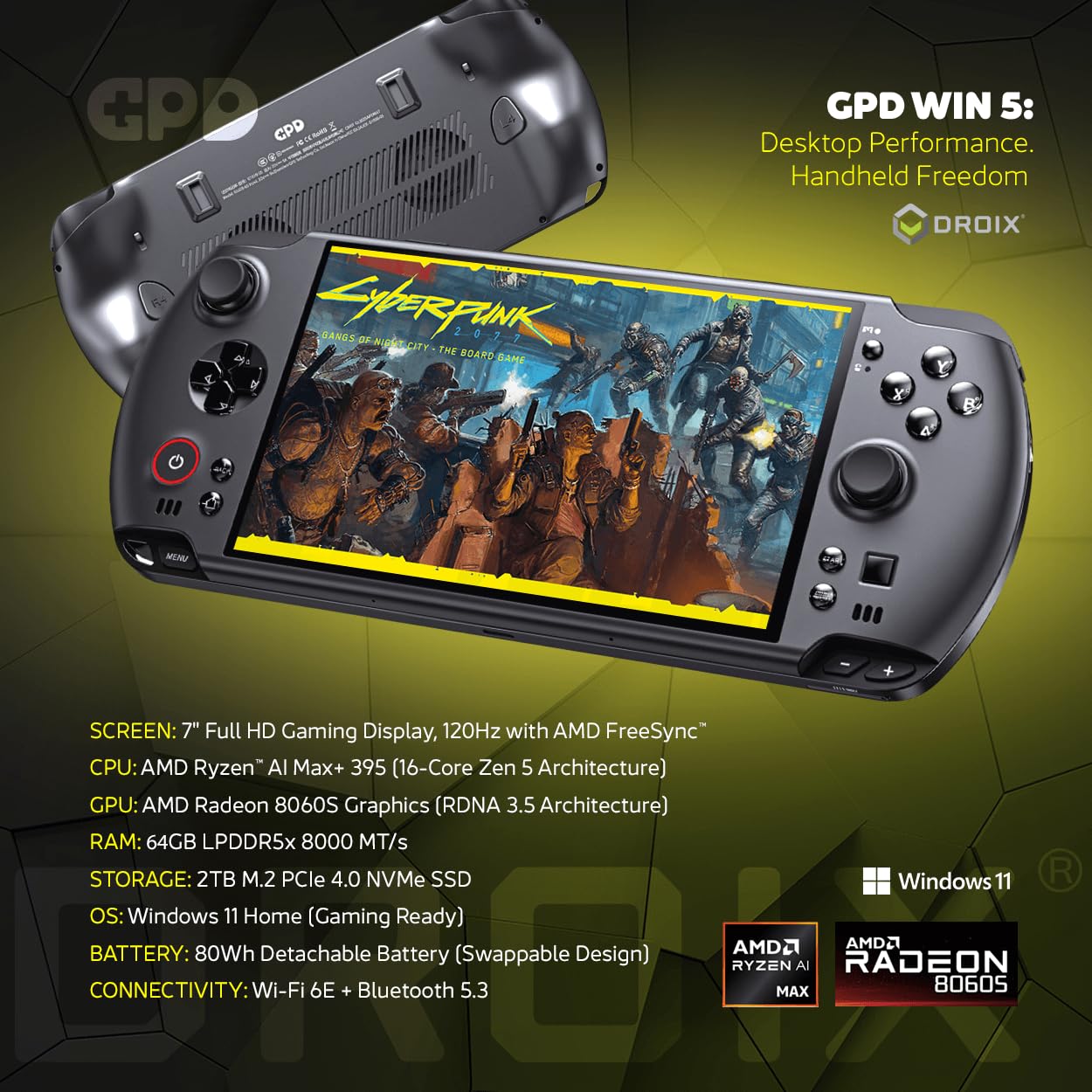 GPD Win 5 Handheld-Gaming-PC | AMD Ryzen AI Max+ Ryzen 395 | 64 GB LPDDR5X RAM, 2 TB SSD | Radeon 8060S Grafik | Tragbarer PC für AAA-Gaming und Emulation