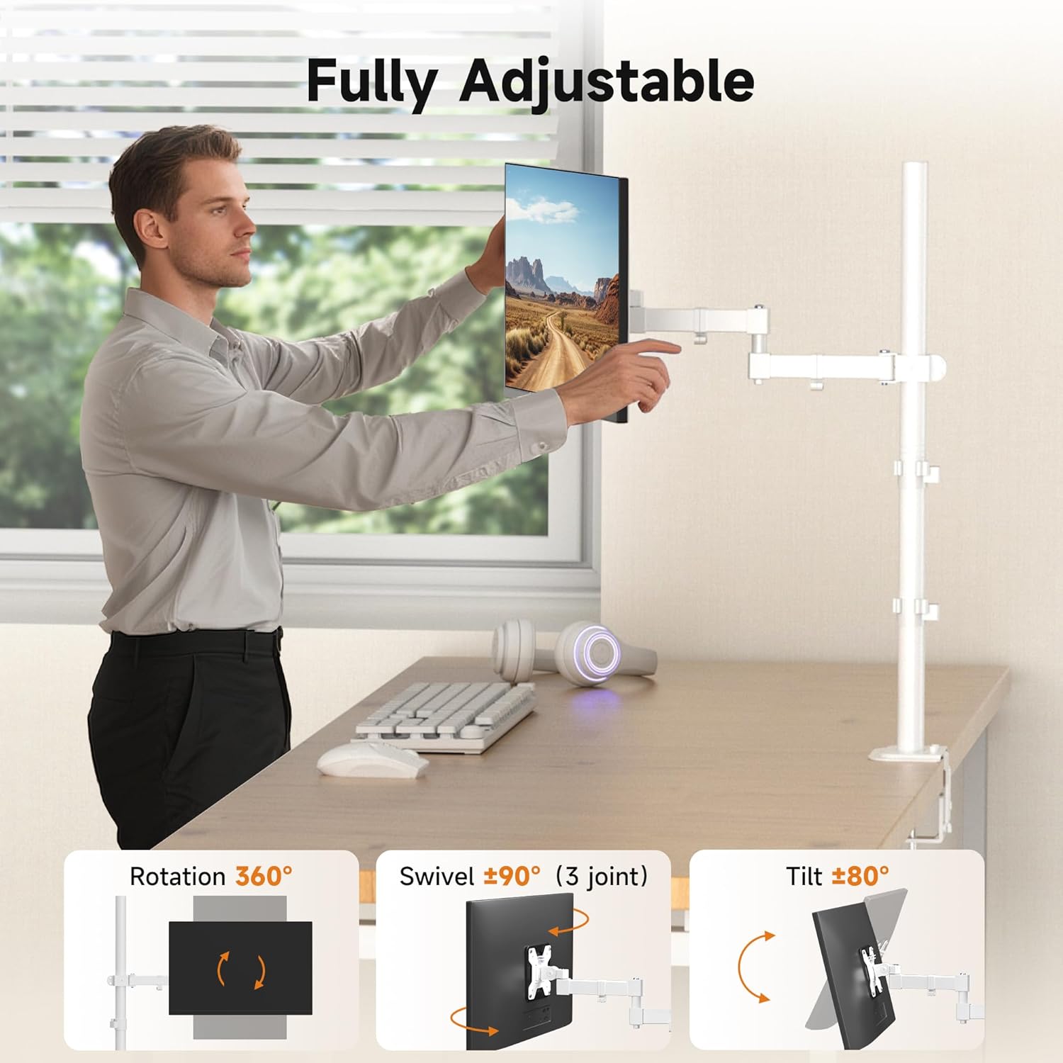Bracwiser Single Fully Adjustable Standing Height Monitor Arm Stand Mount 800mm Tall for Monitor Computer Screen 13 15 17 19 20 22 23 24 26 27 30 32 inch VESA 75 100 (MD7821W)