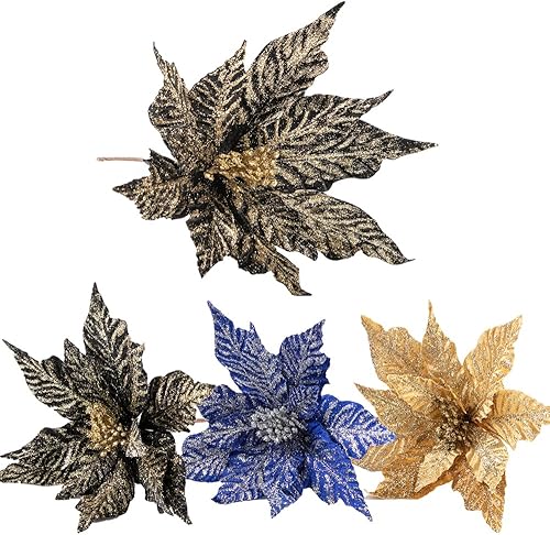 Miniatura 4 de tiecawk 4 flores de Pascua de Navidad artificiales con tallos de Navidad, adornos de árbol de flores de Navidad con purpurina para Navidad, Año