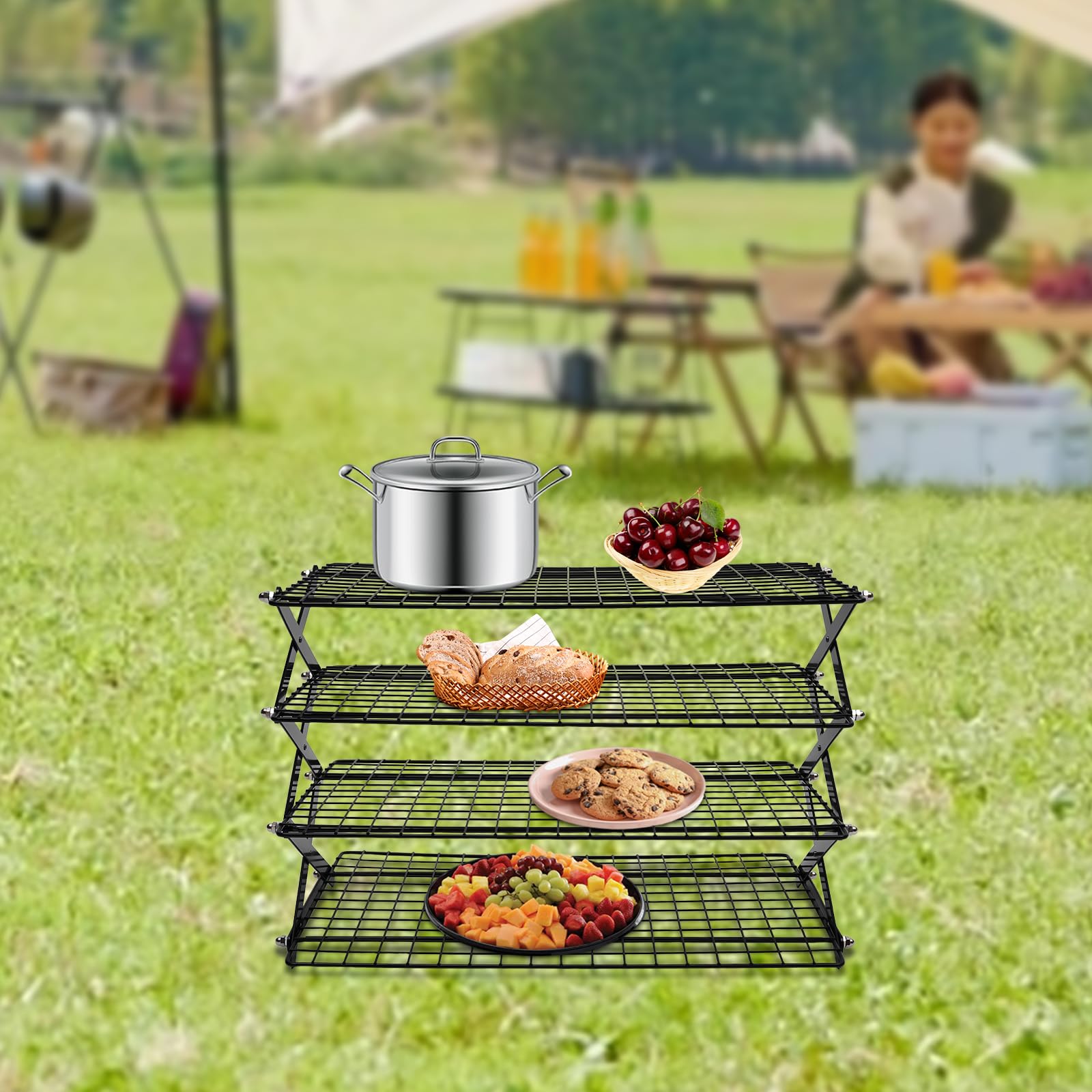 4-Tier Collapsible Cooling Rack Outdoor Camping Picnic Storage Display Shelf for Baking, Party, Barbecue,Place Food, Bakeware, 15.75''x9.84''x1.97'', Black, Black