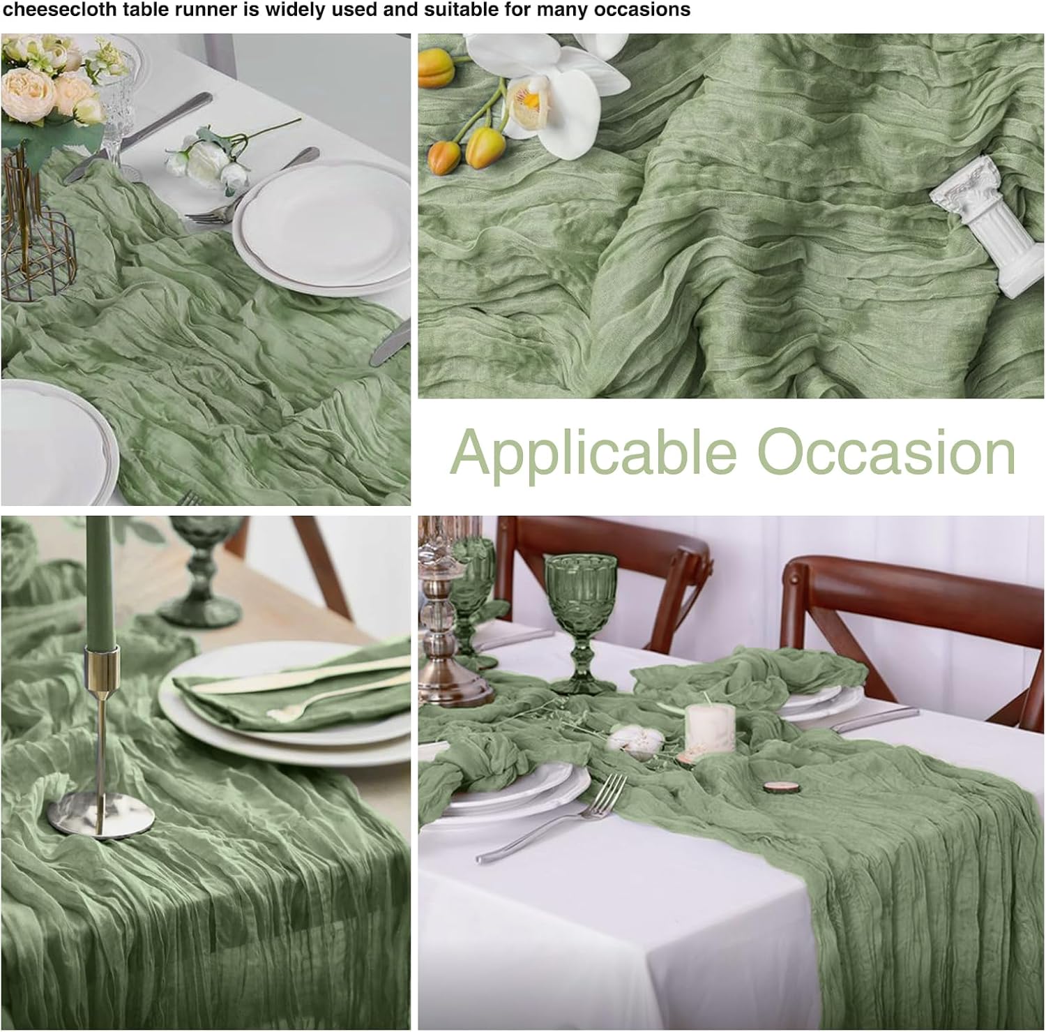 12 Pack Sage Green 10Ft Cheesecloth Table Runner 21x120 Inch Boho Wrinkled Sheer Romantic Gauze Decor for Wedding, Bridal Shower, Birthday Party