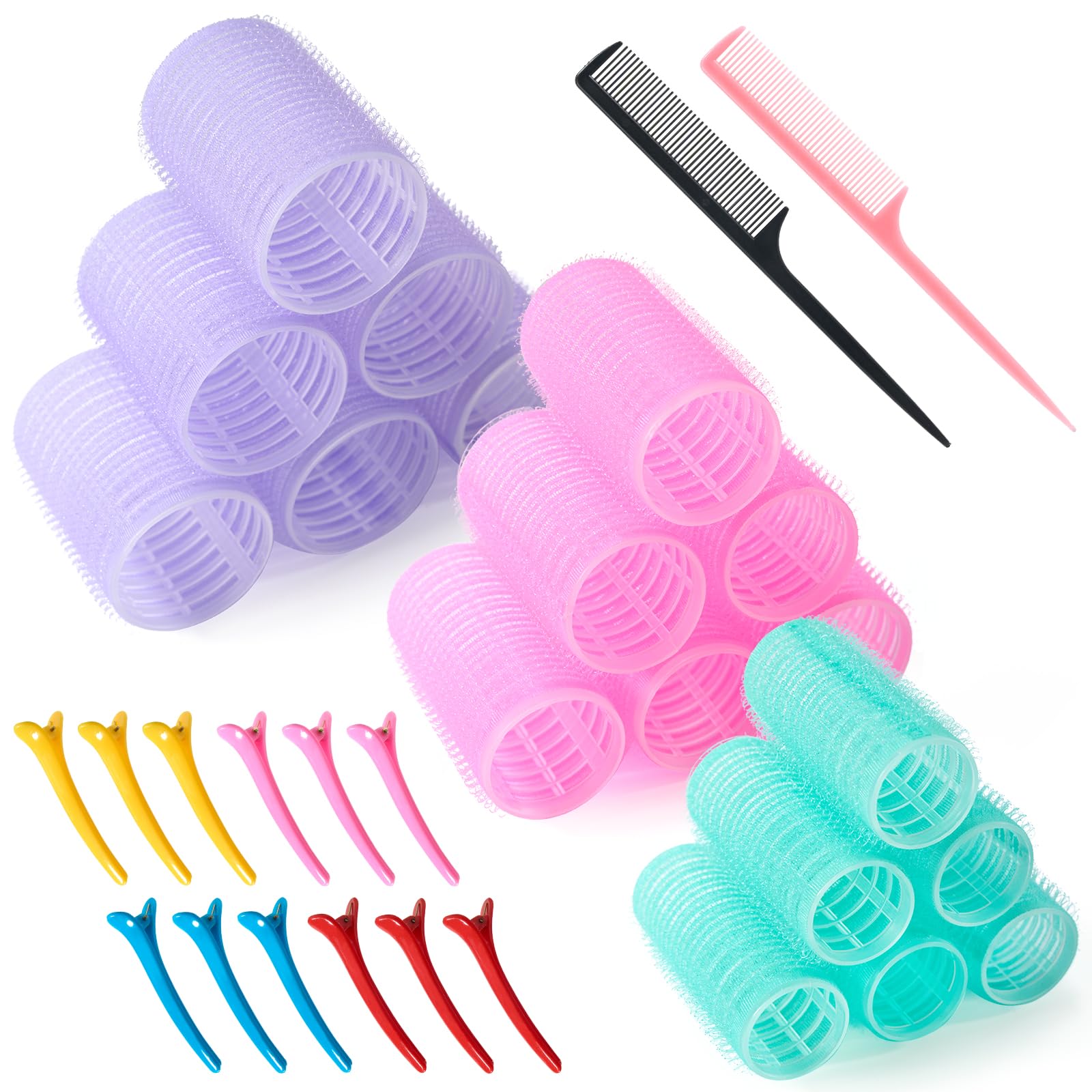 Set of 32 Hair Rollers, 18 Pieces Self-Gripping Hair Rollers with 12 Clips and 2 Combs, Large Hair Curlers for Long, Medium, Short Hair
