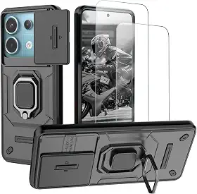 Capa para Redmi Note 13 Pro 5G e Xiaomi Poco X6 5G Capinha - com [2 peças] protetor de tela de vidro temperado tampa deslizante da câmera e suporte para anel de dedo