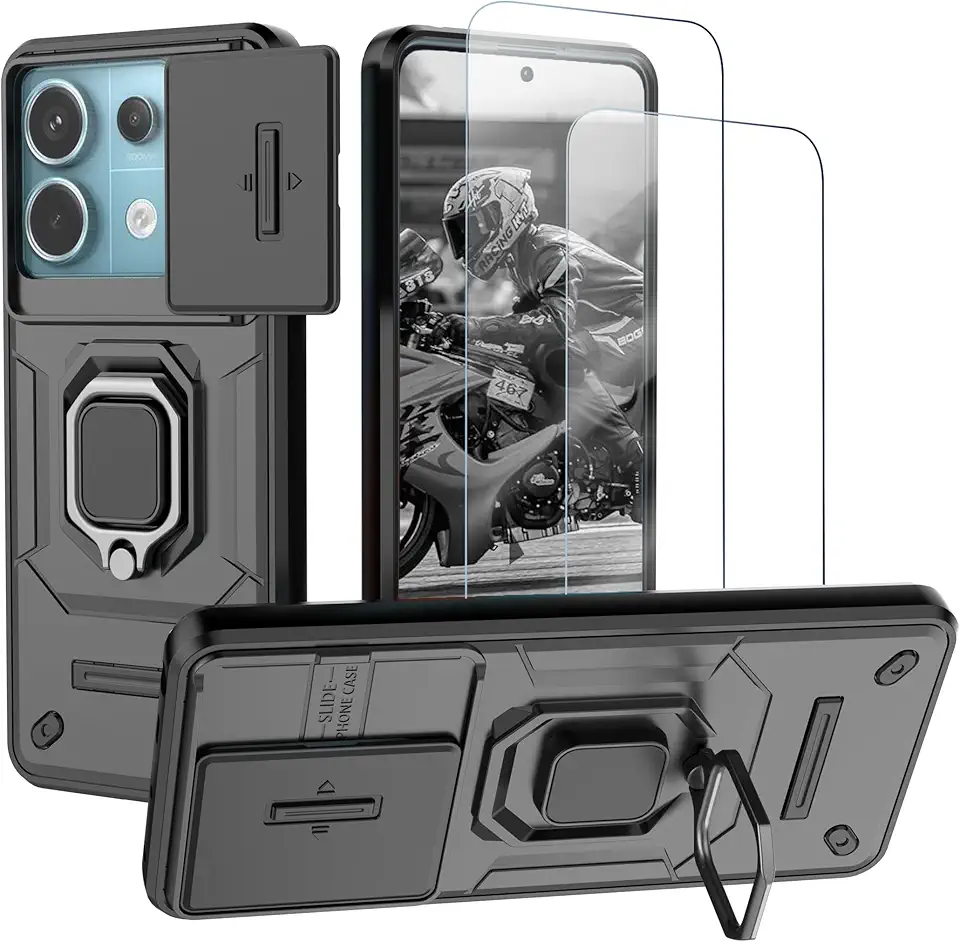 Capa para Redmi Note 13 Pro 5G e Xiaomi Poco X6 5G Capinha - com [2 peças] protetor de tela de vidro temperado tampa deslizante da câmera e suporte para anel de dedo
