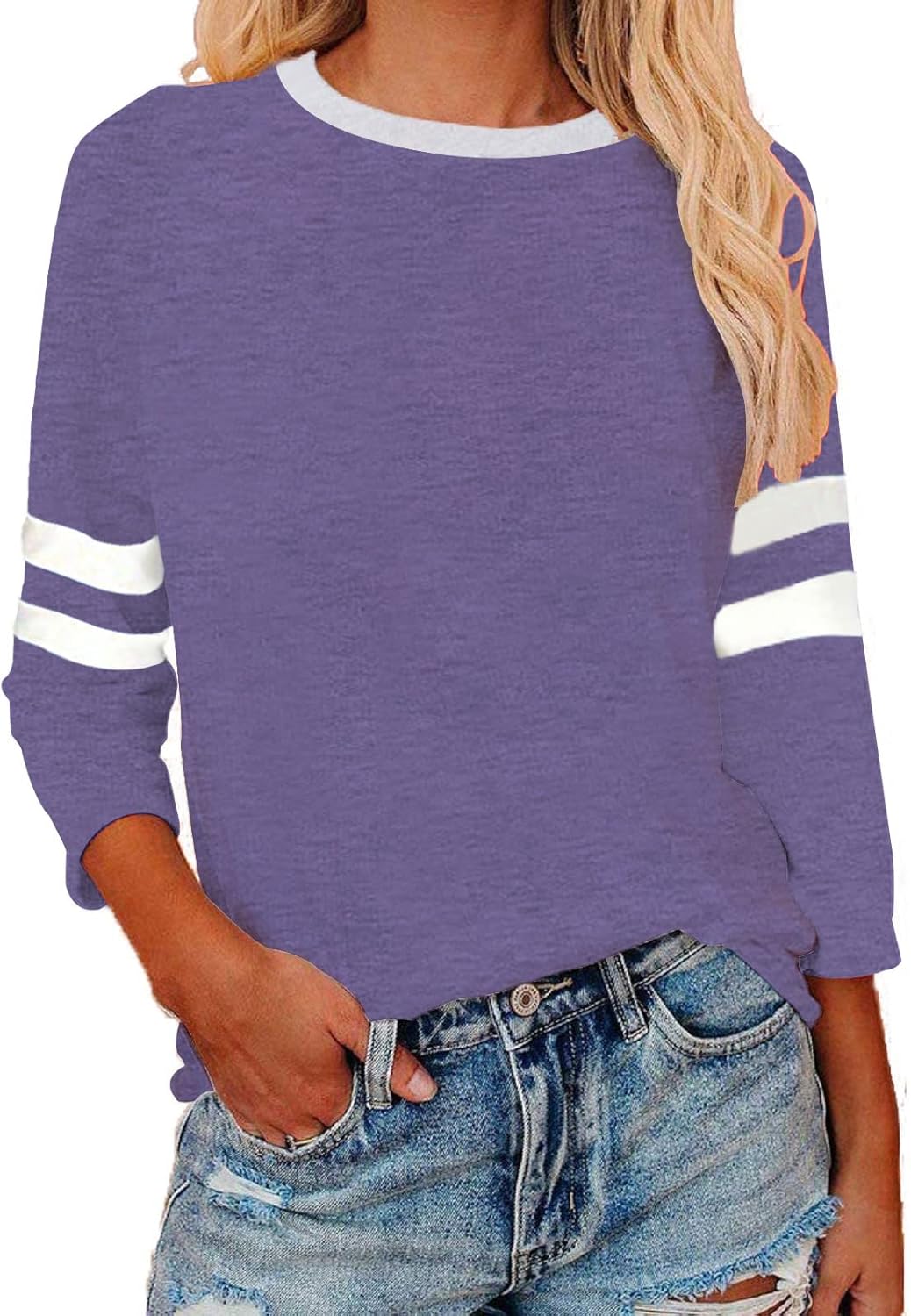 Womens 3/4 Sleeve Shirts Summer Crewneck T-Shirts Loose Basic Tops Cotton Blend Tops for Women