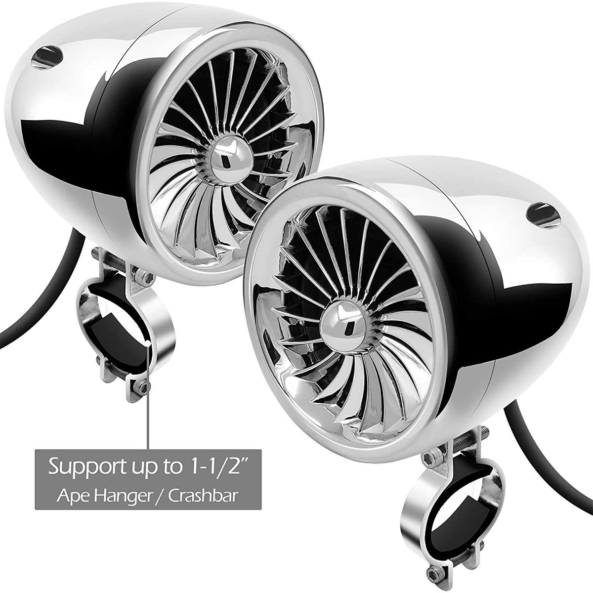 1000W Amplificatore per moto a 4 canali 4 "Altoparlanti stereo Bluetooth per moto impermeabili a gamma completa Sistema audio Radio FM per 1-1,5" Manubrio ATV UTV (Cromo, Ventola)