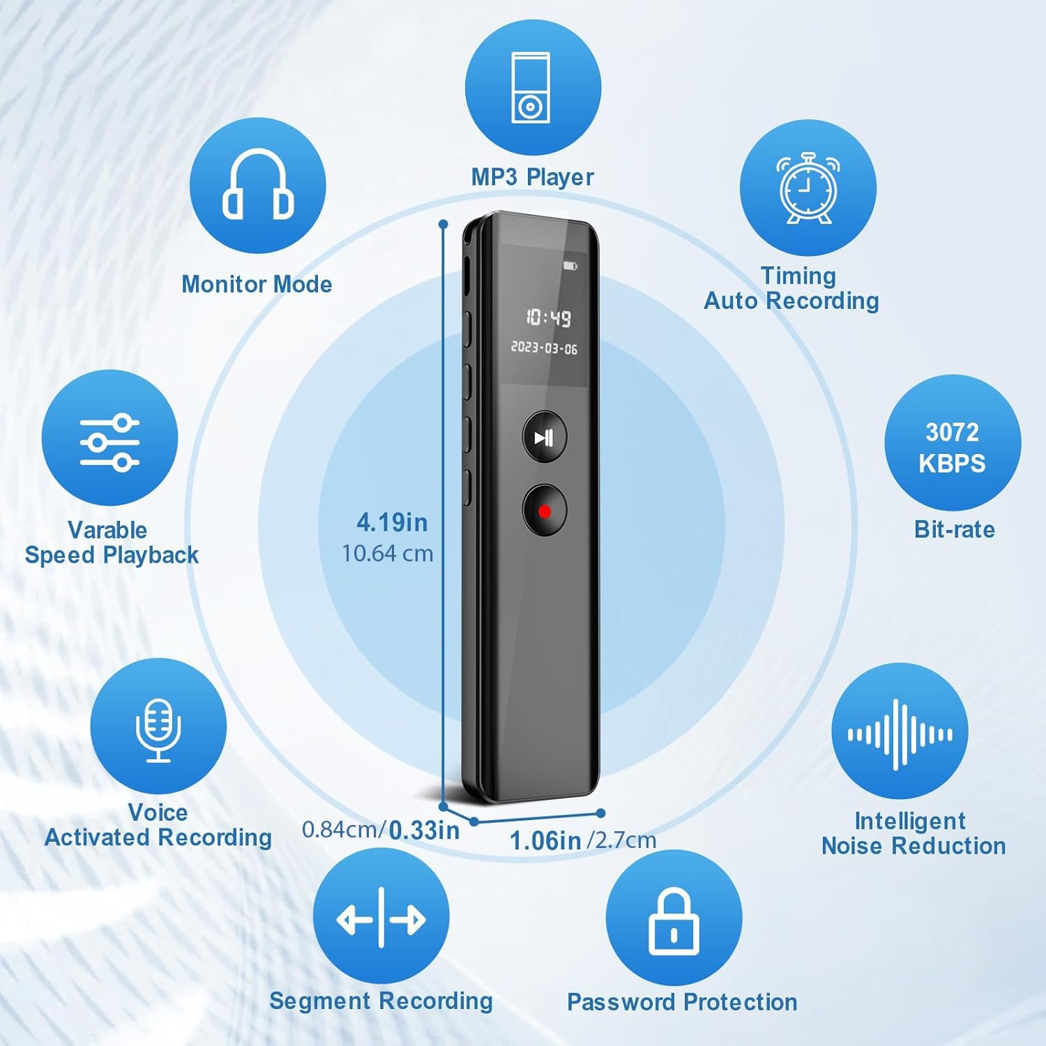128GB Digitales Diktiergerät mit Wiedergabe,KI Geräuschunterdrückung, Sprachaktivierung, MP3-Player, Passwortschutz, USB-C, Bluetooth-Anrufaufnahme, für Vorlesungen,Meetings,Interviews