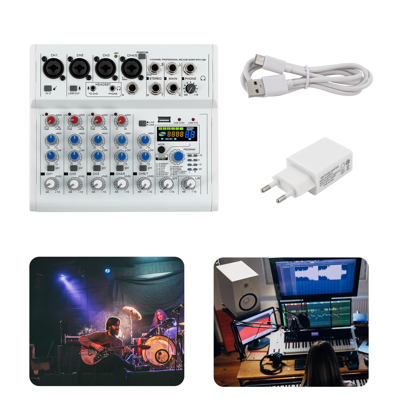 7 Kanal Stereo Live Mischpulte mit 88 digitale Effektprozessor, Professioneller Audio Sound Mixer mit Bluetooth und USB Schnittstelle, 48V Phantomspeisung DJ Stereo Sound Mischpult mit Farbdisplay