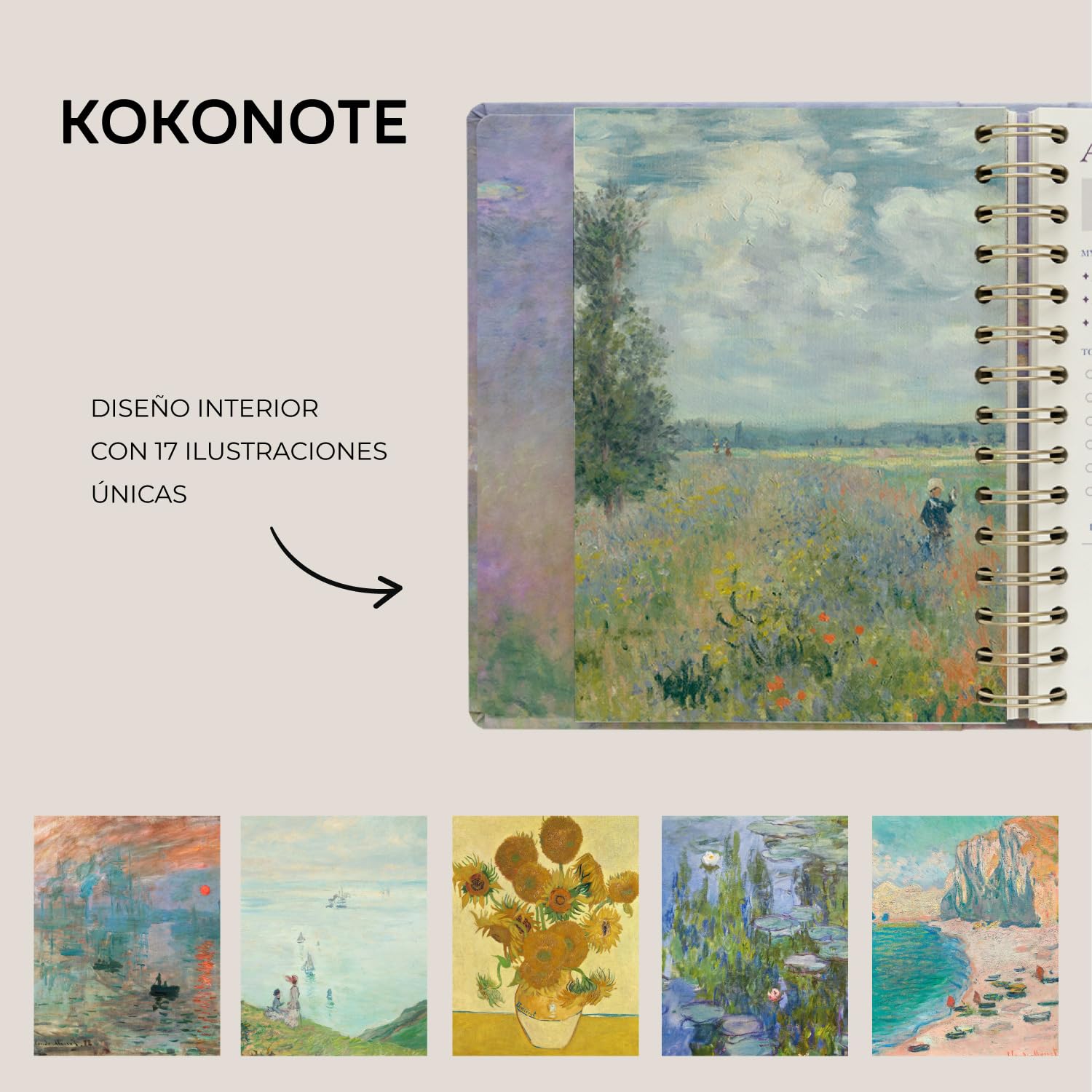 Kokonote Agenda 2026 2027 Semana Vista Monet - Agenda Escolar Universitaria u Oposiciones |Págs. Alto Gramaje |Con Anillas, Ilustraciones Arte, Pegatinas, Planificador Mensual, de Gastos [De 17 MESES]