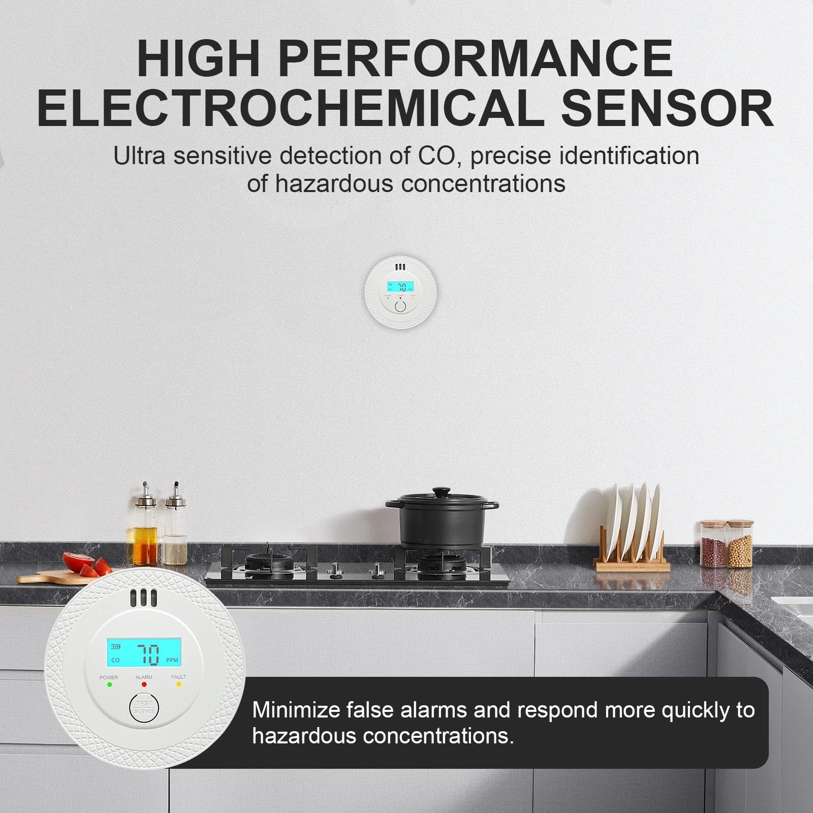 Detector de Monóxido de Carbono, Alarma 85dB, Detector CO con Pantalla LCD, Sensor Electroquímico, Batería, Cumple UL2034, para Hogar/Cocina/Viajes