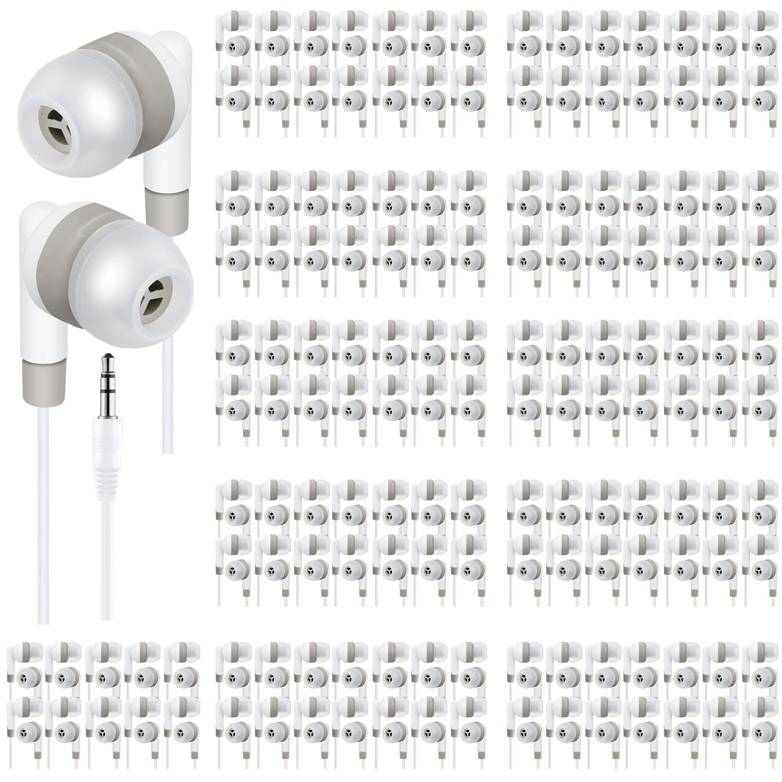 Yunsailing Zestaw 150 słuchawek dousznych, do klasy, 3,5 mm, z przewodem, dla studentów, dorosłych, szkół, szpitali, hoteli, biblioteki, muzeów, Androida, MP3, prezent, 150 sztuk (białe)
