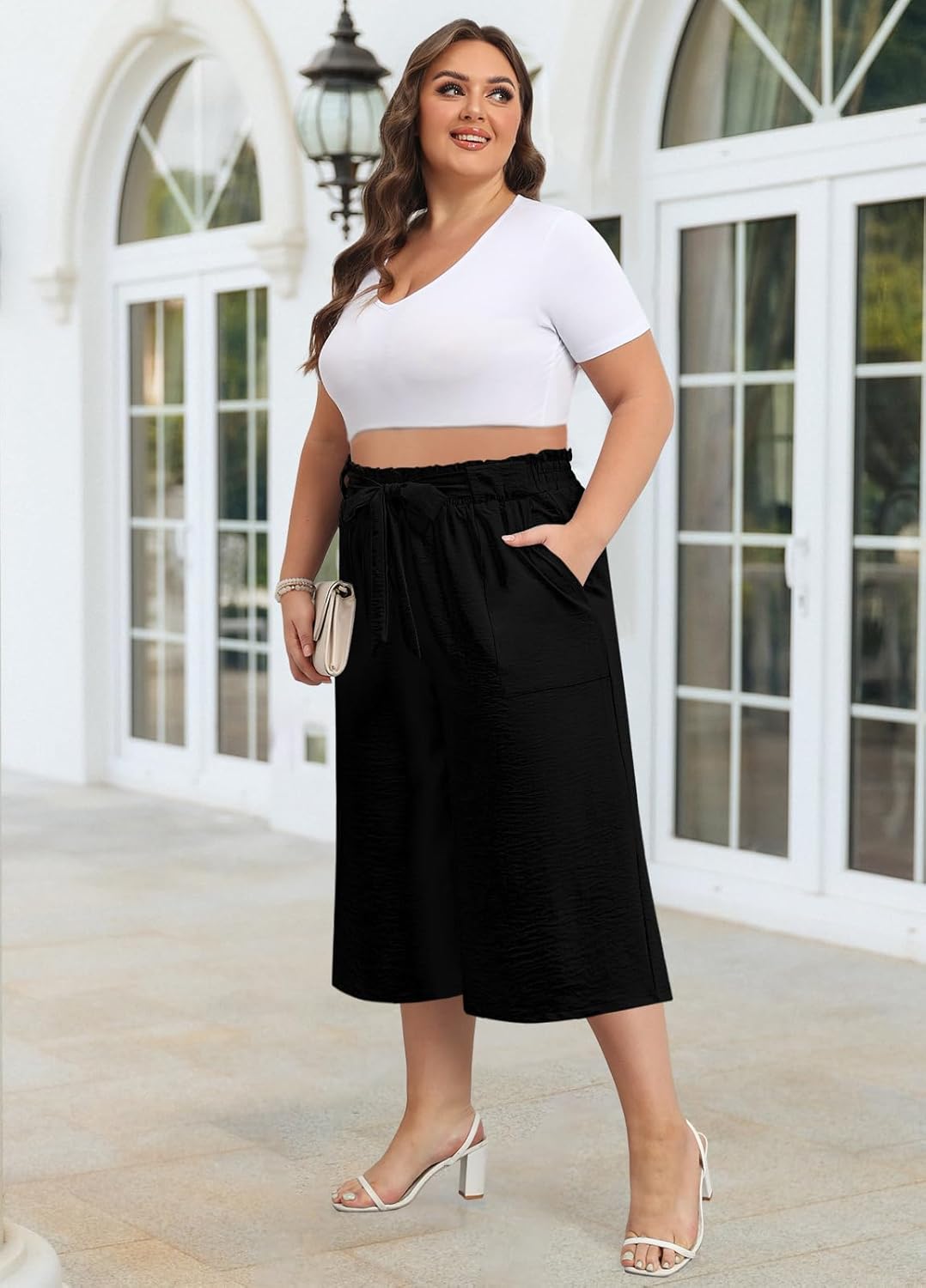 Lastshe Women's Plus Size Capri Pants Wide Leg High Waisted Summer Capris Loose Adjustable Cropped Palazzo Trousers - Image 3
