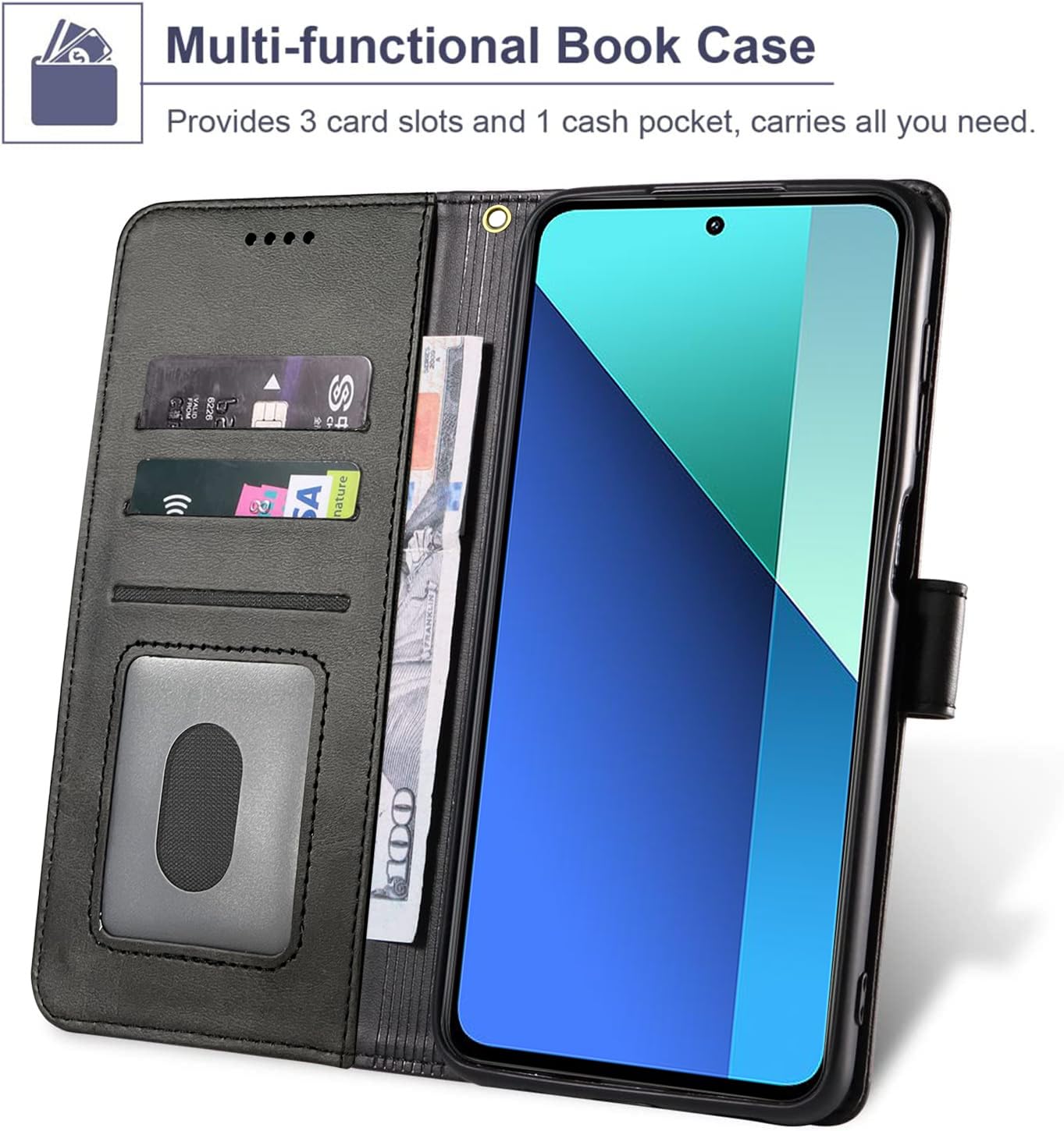 Flip Lederhülle Für Xiaomi Redmi 13 4G – PU Leder Mit Ständer, Magnetverschluss & Kartenfächern, Schwarz