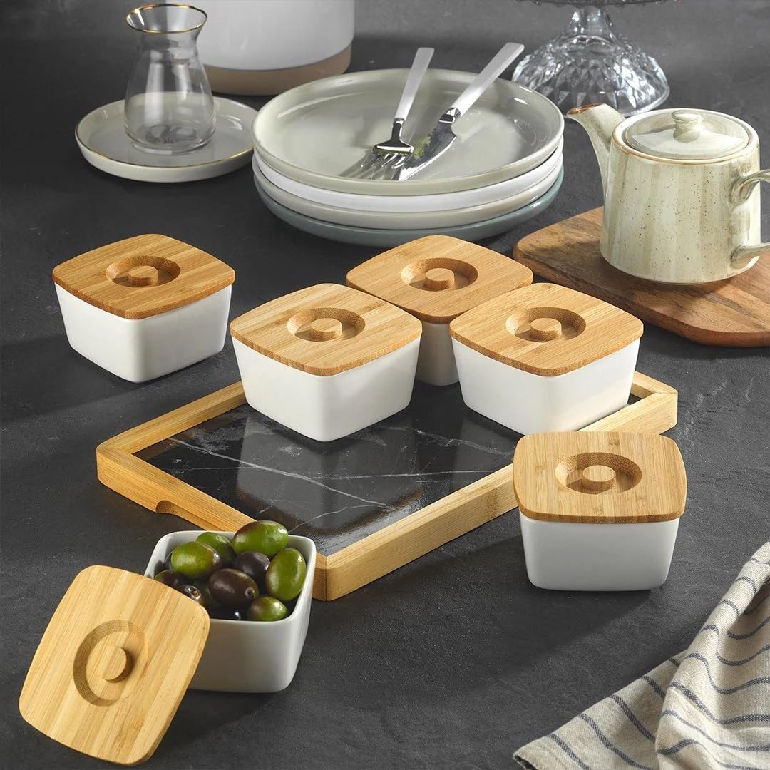 Lot De 3 Bols à Sauce En Porcelaine Avec Couvercles Et Plateau Bambou - Service Élégant 29x11x8 Cm