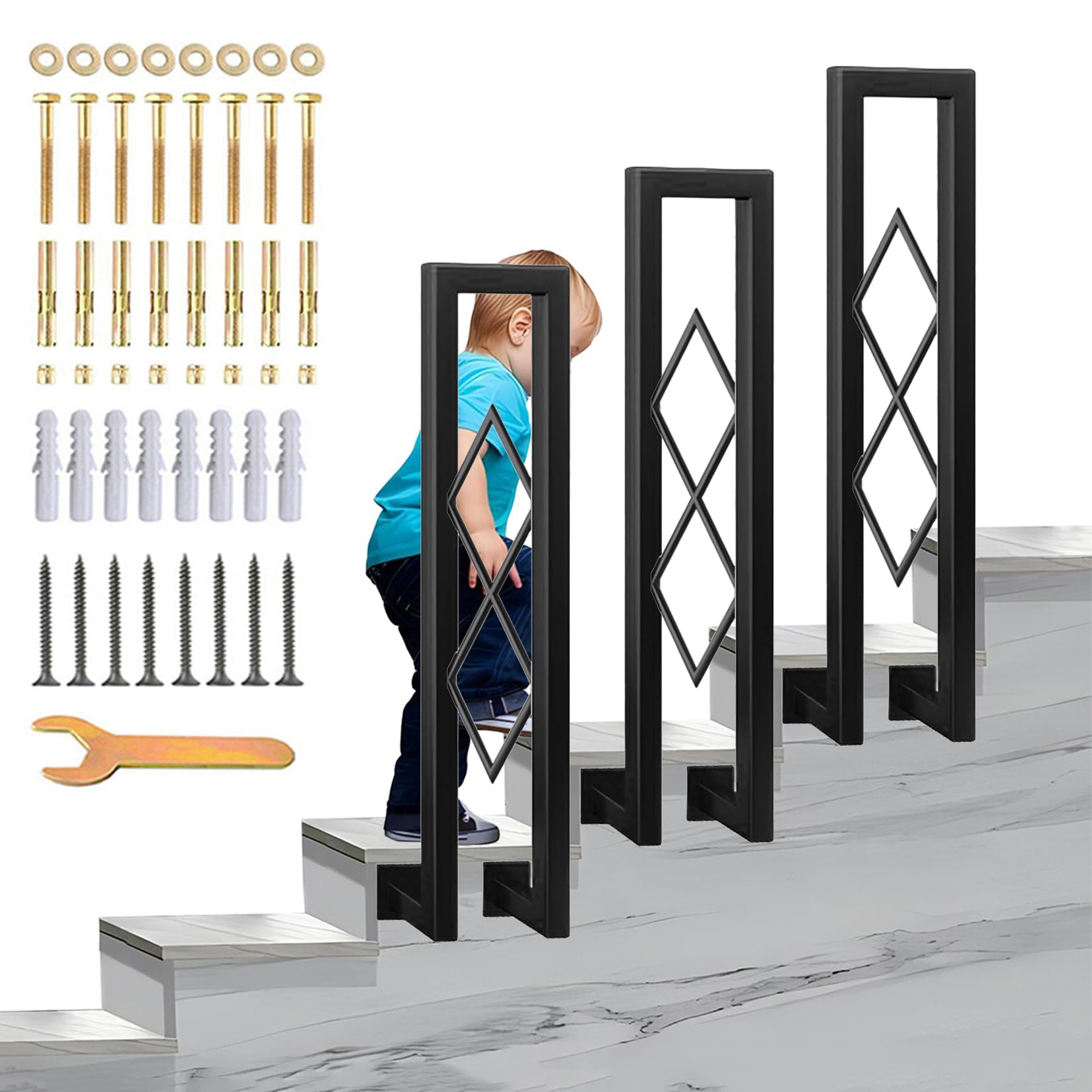Corrimano Forma di U Interne, Ringhiera per Scale in Ferro Battuto Tubo Quadrato, Parapetto con Kit di Viti, Montaggio Laterale Diamante Ringhiere per Soffitta e Gradini Esterni (110cm)