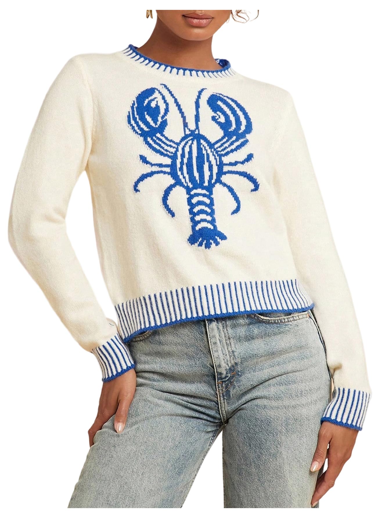WDIRARA Womens Lobster Sweater Contrast Trim Crew Neck Long Sleeve Pullover Knit Tops