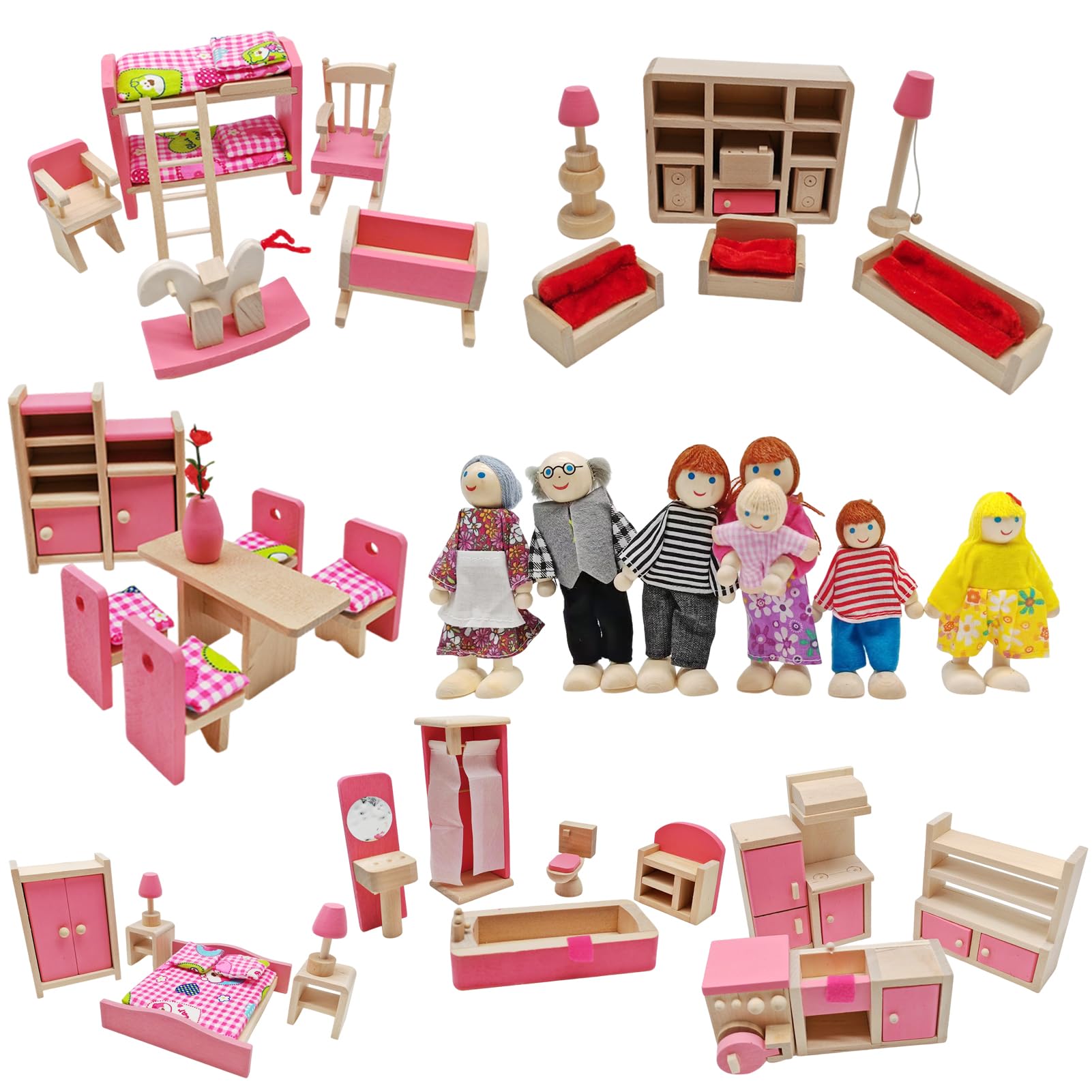46pcs 6 Set Wooden Doll House Furniture with a Family of 7 Dolls Pretend Play Furniture for Kids Childs Gifts Family