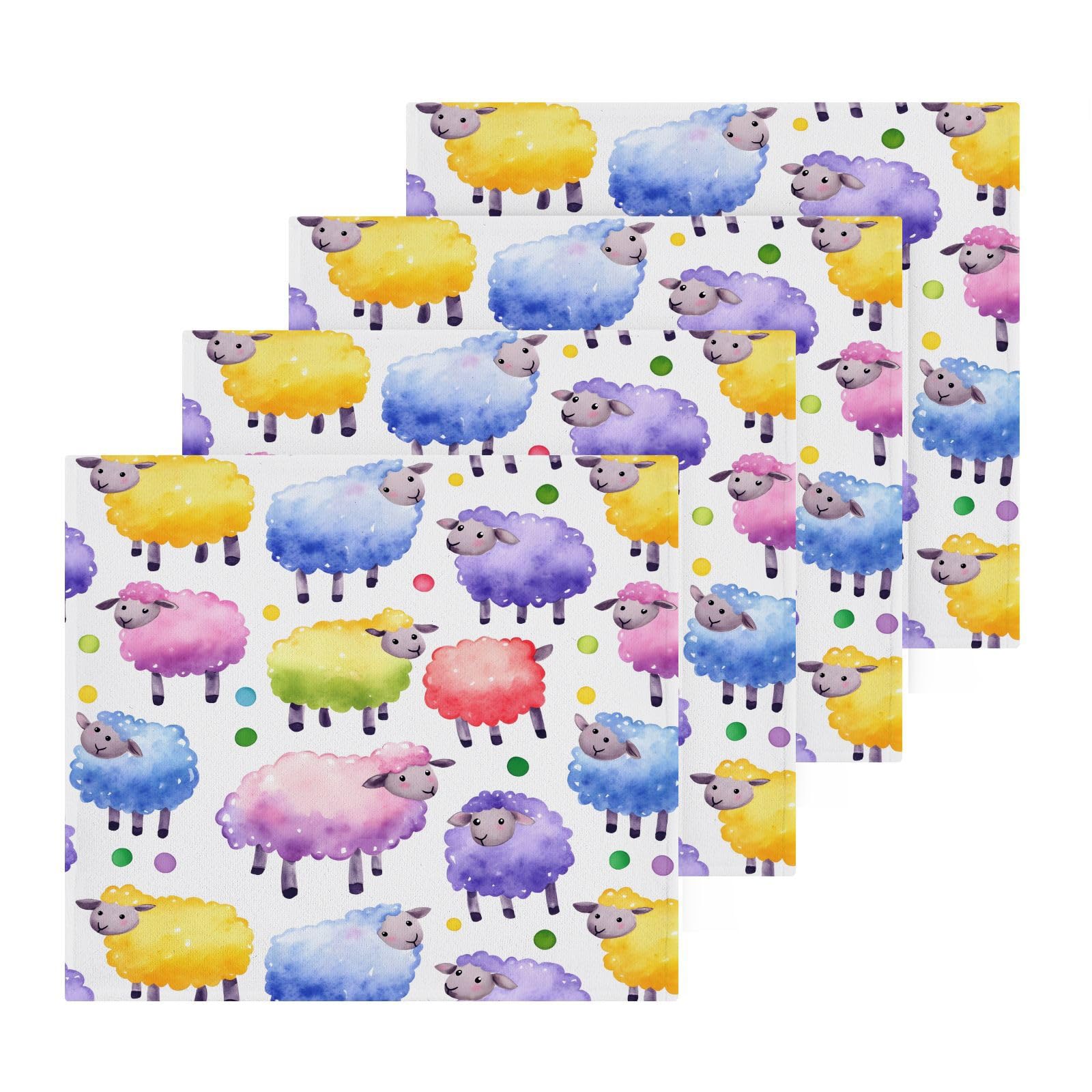 WOIWB Cute Colored Sheep Washcloth 4 Pack Pure Cotton, Hand Towel Face Towel Soft Water Absorbent for Home Travel