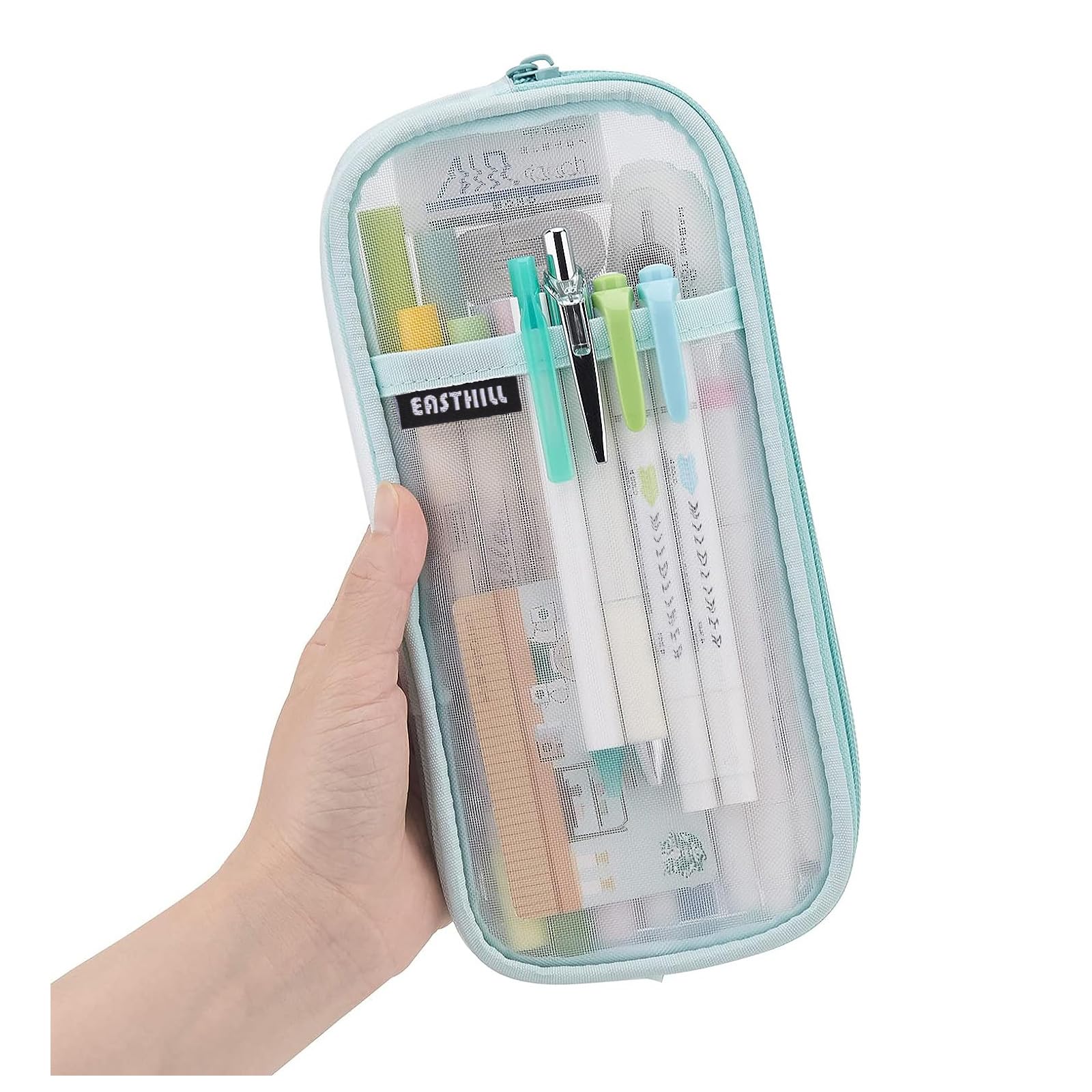 EASTHILL Grid Mesh Pen Pencil Case with Zipper Clear Makeup Color Pouch Cosmetics Bag Multi-Purpose Travel School Teen Girls and Boys Transparent Stationary Bag Office Organizer Box for Adluts(Green)