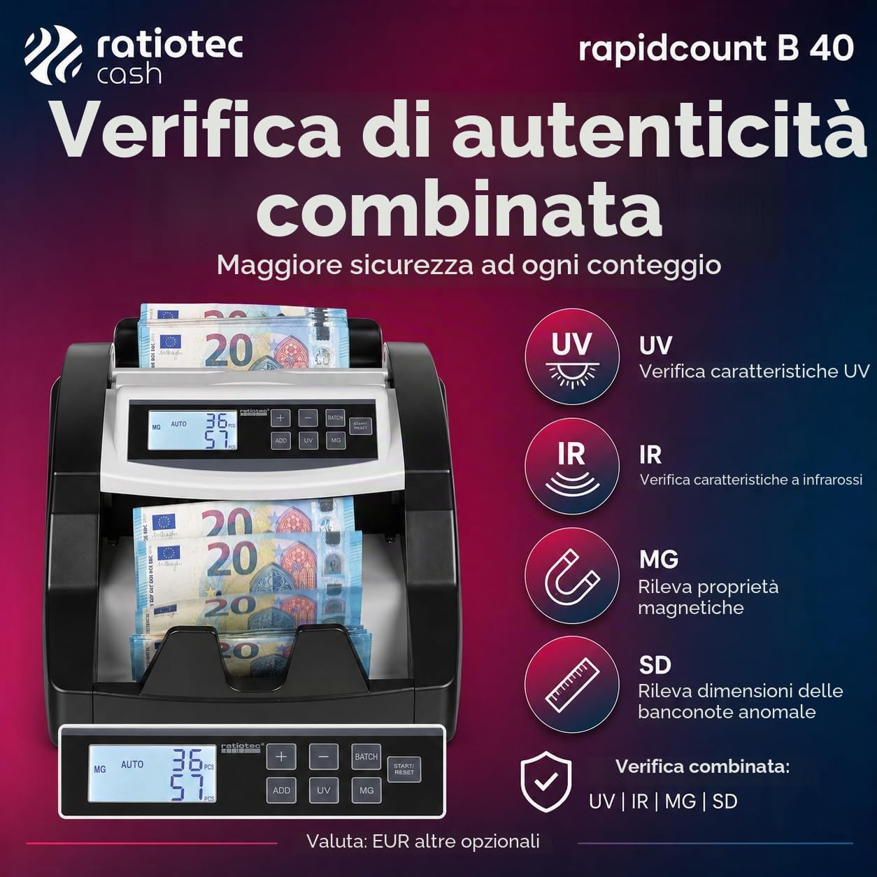 CONTADORA DETECTORA DE BILLETES RATIO-TEC RAPIDCOUNT B40 PARA EUROS/OTRAS OPCIONAL VELOCIDAD 1000 BILLETES/MINUTO DETECCIÃ“N UV