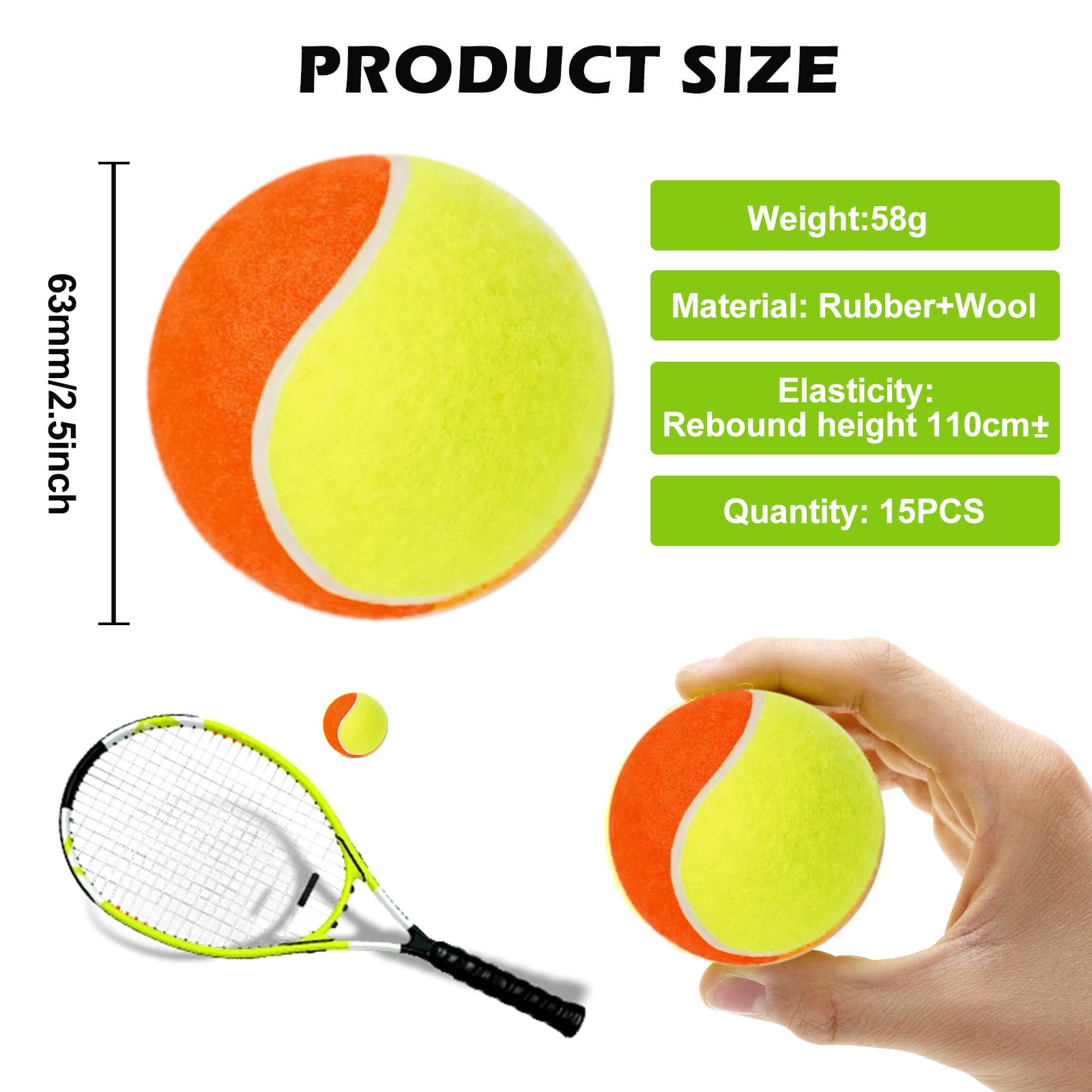 BORDEAG Lot de 15 balles de tennis pour enfants, étape 3 durable, débutants, cours de tennis, machines à balle, petits terrains