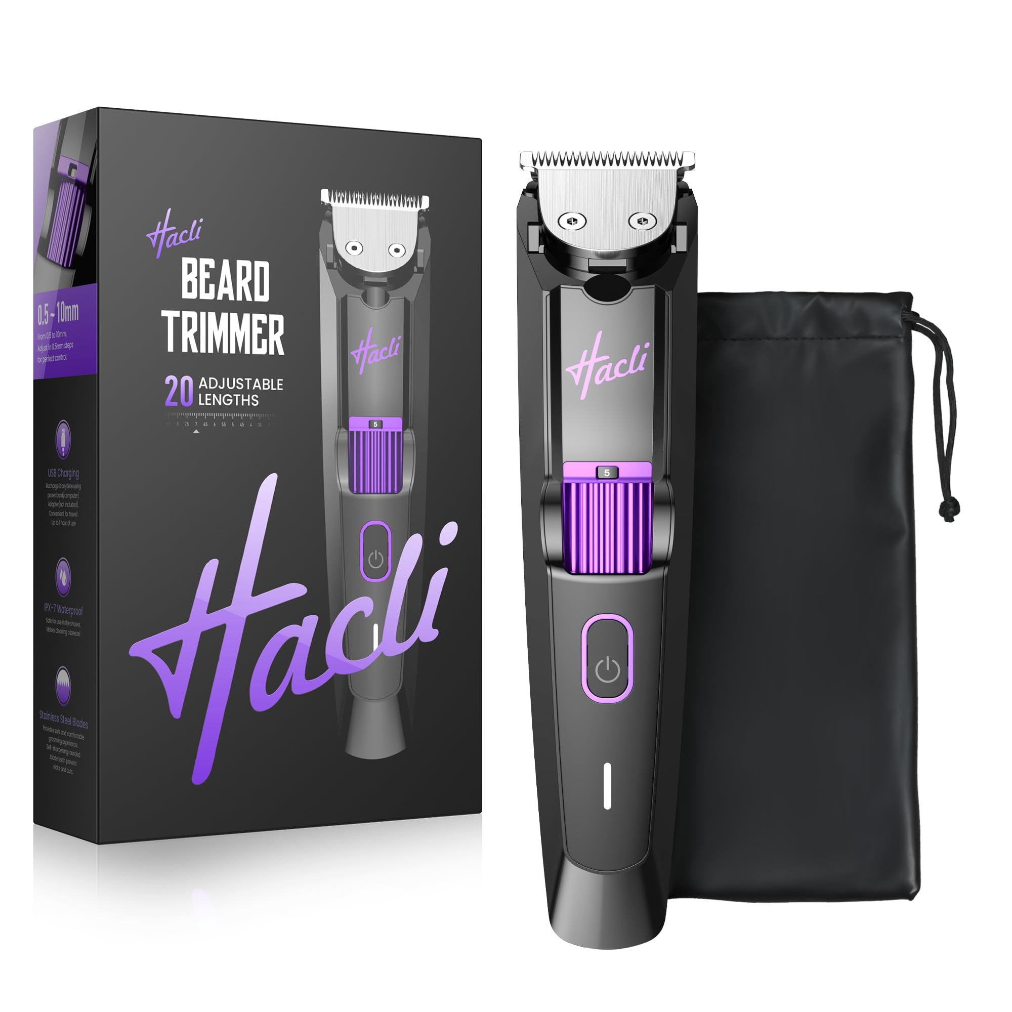 HACLI Professional Beard Trimmer for Men - Cordless IPX7 Waterproof, Precision Dial with 20 Adjustable Length Settings, Wet/Dry Use, 80 Min Runtime, Premium Facial Hair Groomer, Gift for Dad & Husband