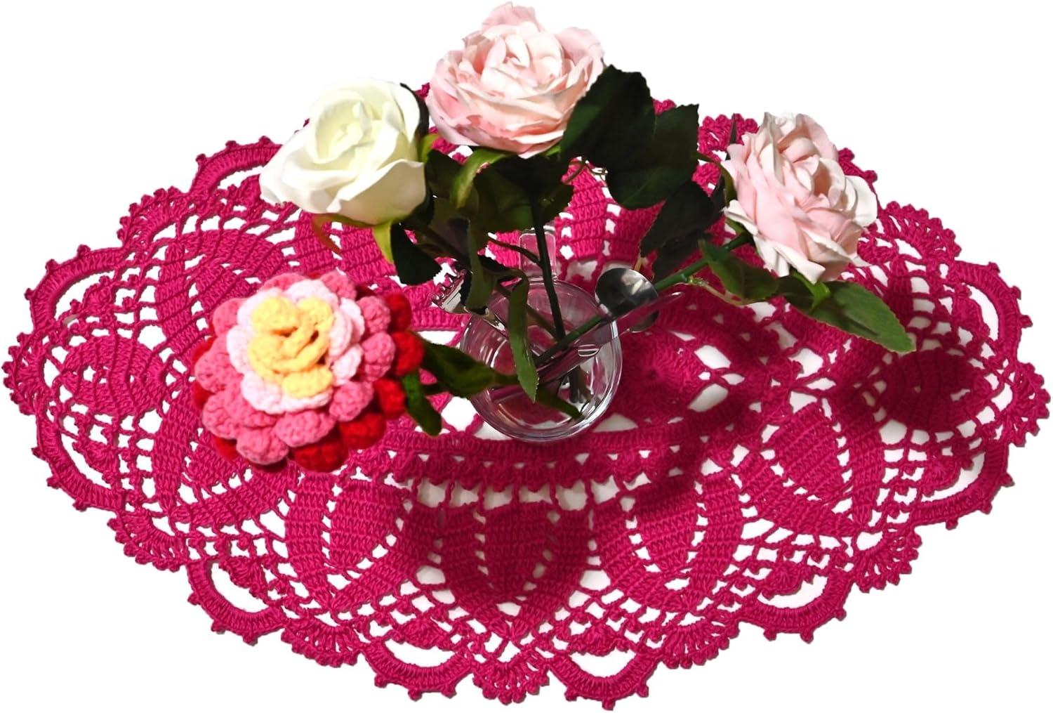 BIBITIME Crochet Knitted Table Doilies Lace Doily Handmade Placemats Kitchen Cup Mug Mats (4PCS-11.8" x 22", Style03-Rose)
