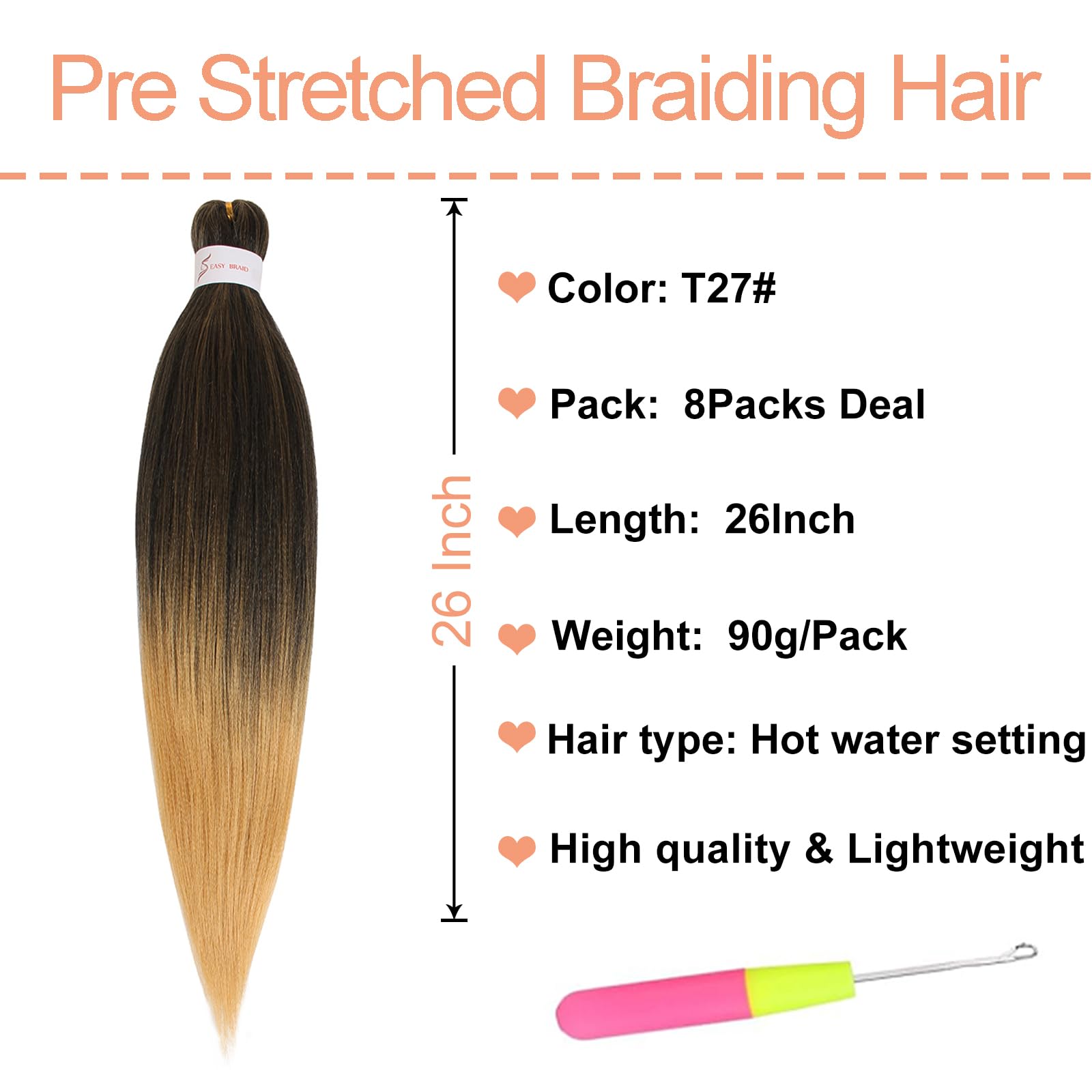 Mscat 26 Inch 8 Packs Pre Stretched Braiding Hair Ombre Brown Pre Stretched Braiding Professional Synthetic Prestretched Crochet Braids Hair Extension Hot Water Setting Yaki Texture (T27#) - Image 2