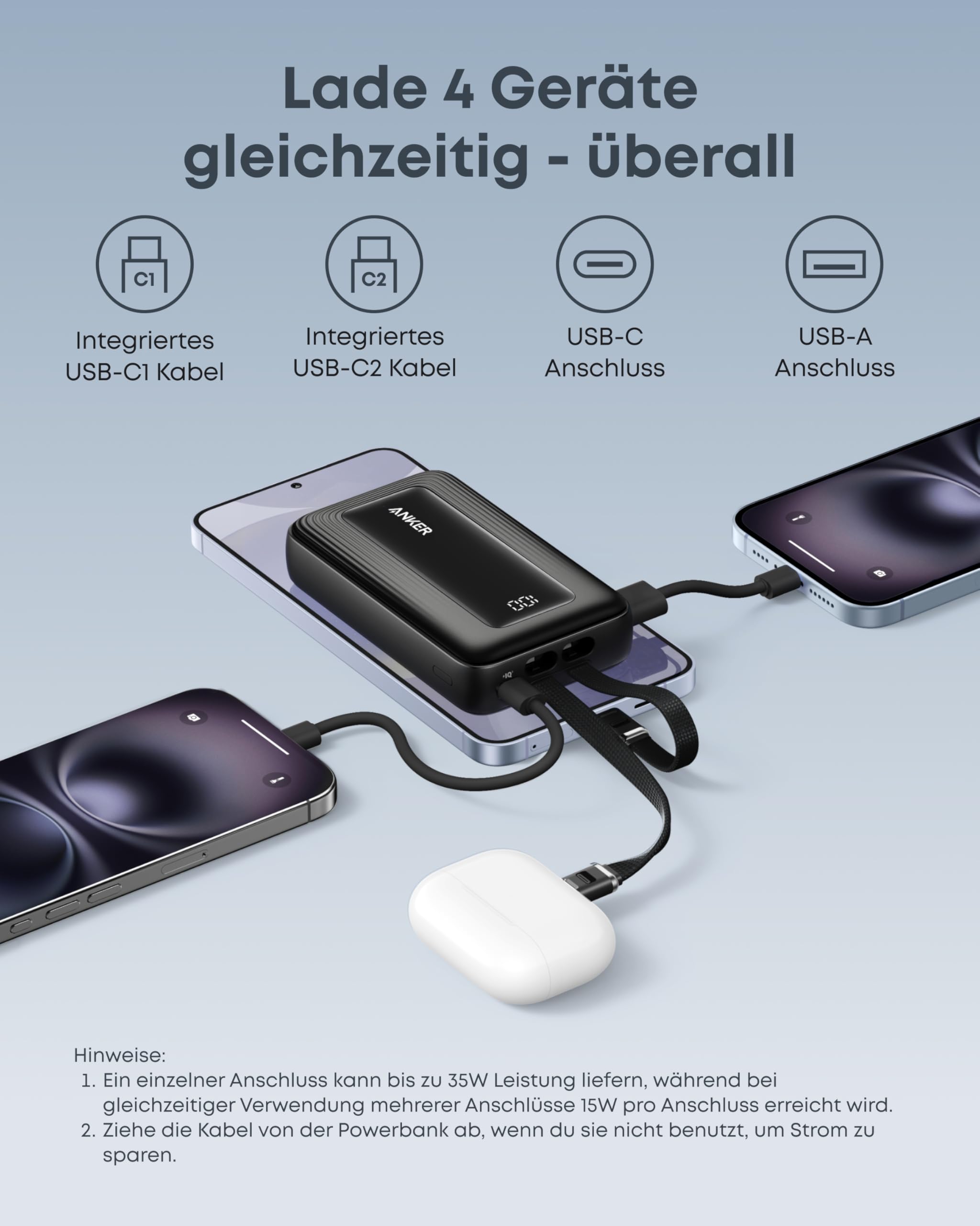 Anker Zolo Powerbank (2025 Upgrade), 45W Schnellladung, 20000 mAh Akku-Pack, Zwei integrierte USB-C Kabel, 1 USB-C und 1 USB-A Port, für iPhone 17/16-Serie, Galaxy, MacBook und mehr