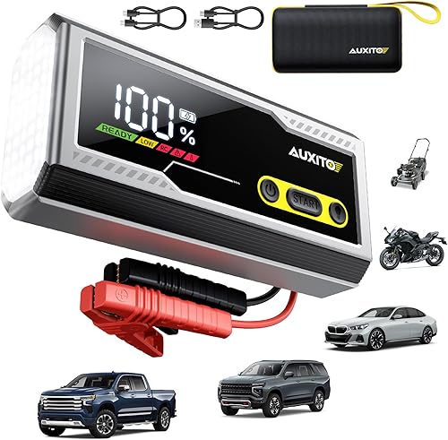 AUXITO Arrancador de 6000 A, batería de coche de 12 V, hasta todo el motor diésel de gasolina y 12L con pantalla LED, caja de salto portátil con 3