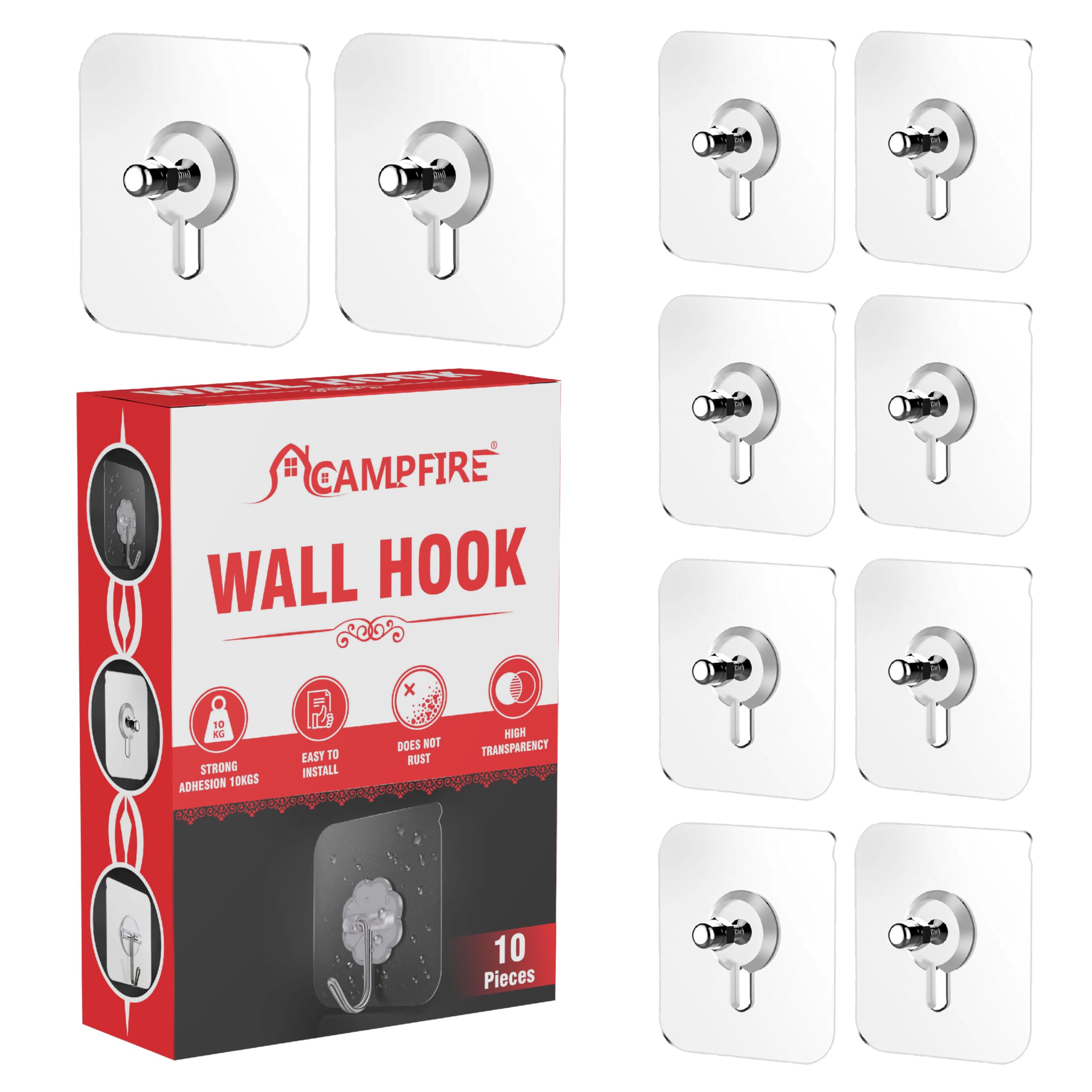CAMPFIRE Adhesive Wall Hooks for Nail Free Strong Stainless Steel Grip Transparent Hook for Kitchen Spair Heavy Duty Upto 5 Kg Hanging Capacity (Do Not Stick On Painted Wall) (Single Screw Hook, 10)