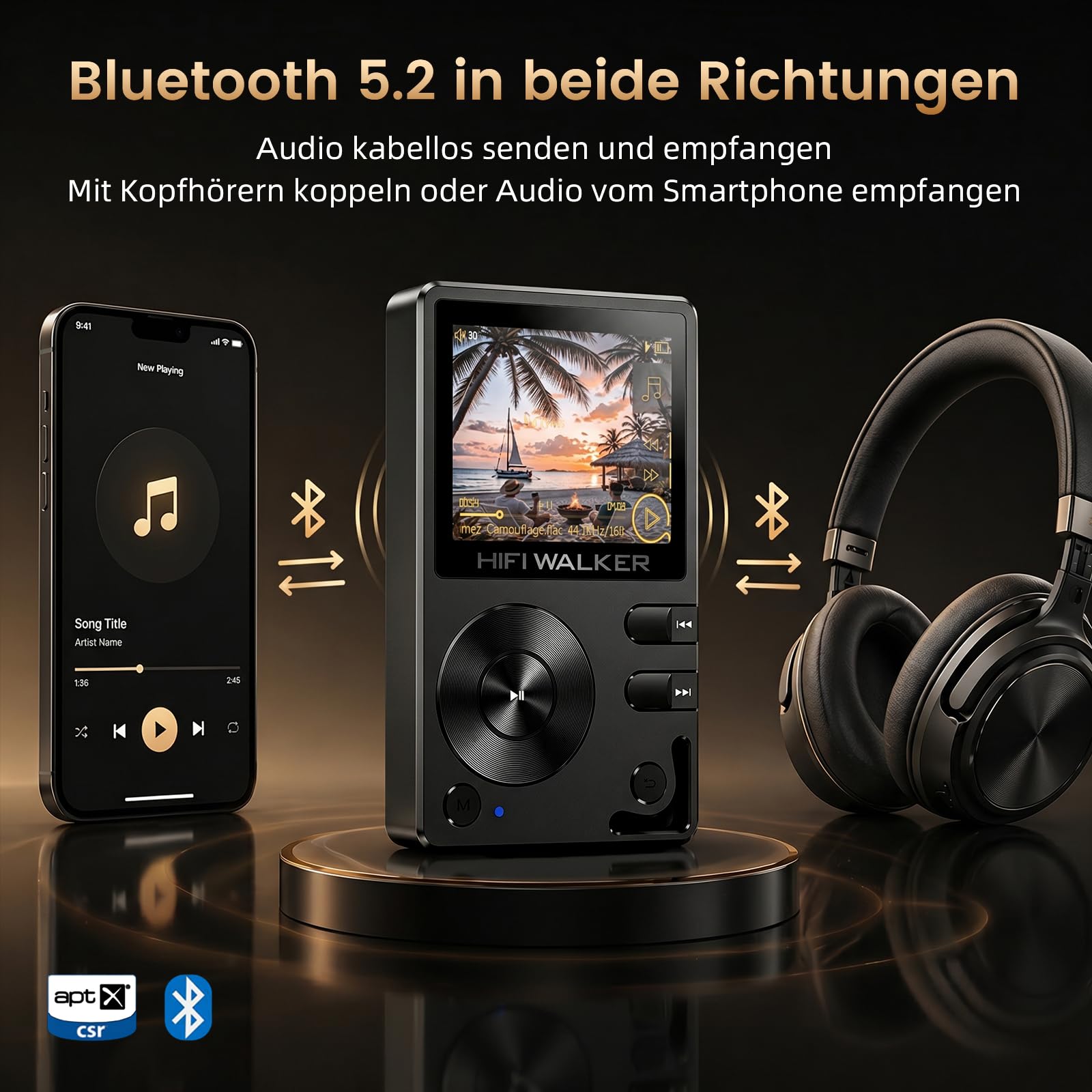 HiFi Walker H2 HiFi MP3 Player mit Bluetooth Verlustfreier DSD DAC Flac High Resolution Music Player Tragbarer Audio Player mit 64GB Speicherkarte Unterstützt bis zu 256GB
