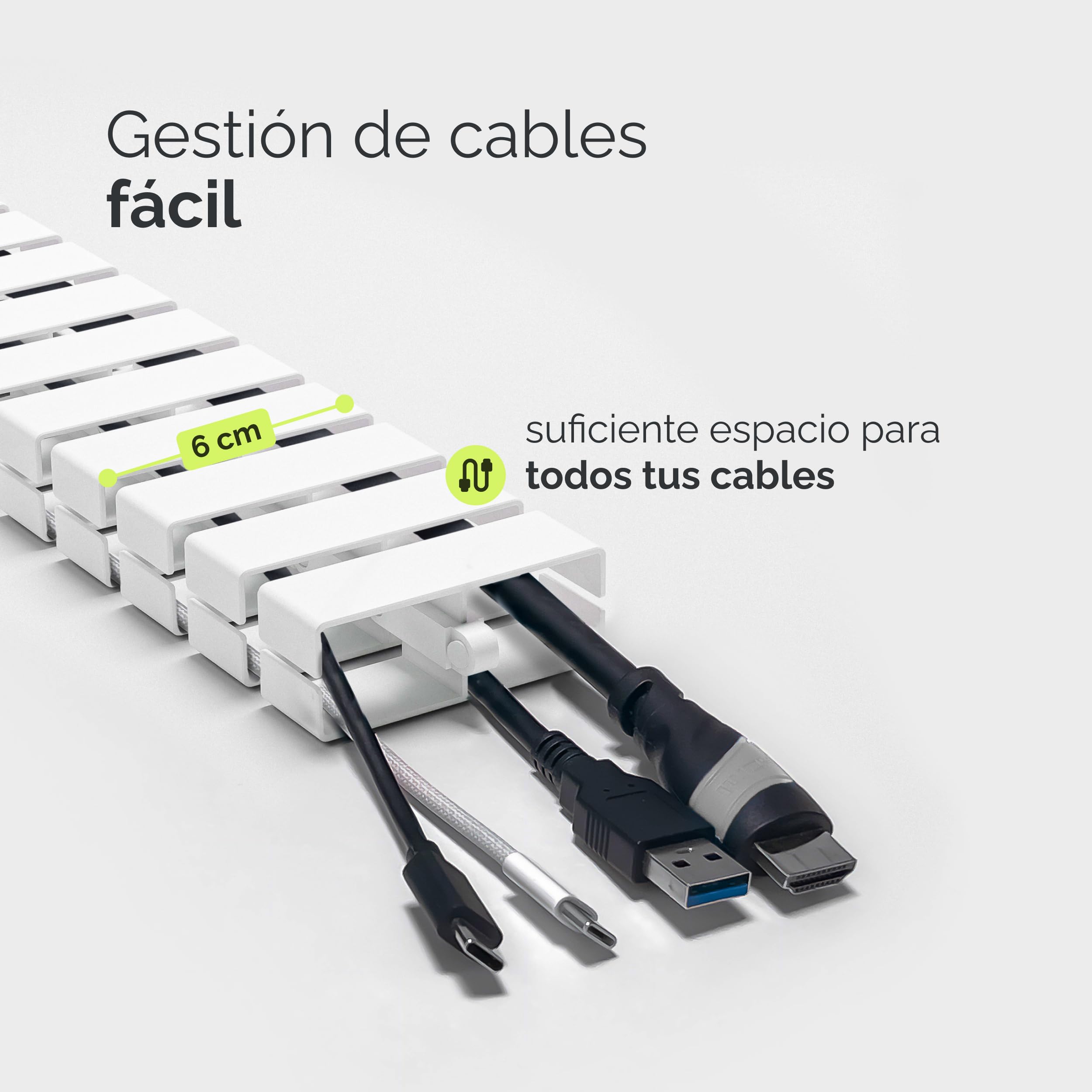 VALU Organizador de Cables Escritorio Premium – Cable Management 128 cm Flexible para Escritorio Regulable – Montaje con Tornillos o Adhesivo – 4 imanes y 3 organizadores incluidos