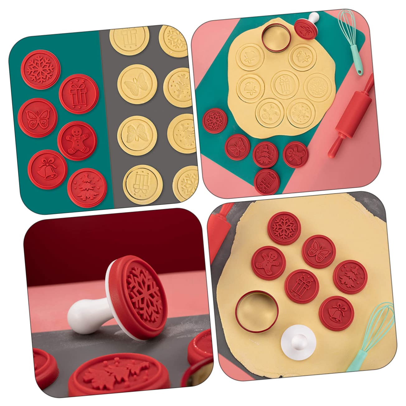 Cabilock 4 Sets Keksstempel Kreis Keks Fondant Buchstabenausstecher Plätzchenpresse Müsli Kekse Noel Runde Keksausstecher Kuchendekoration Walnuss Keksform Glas Muffins Rot